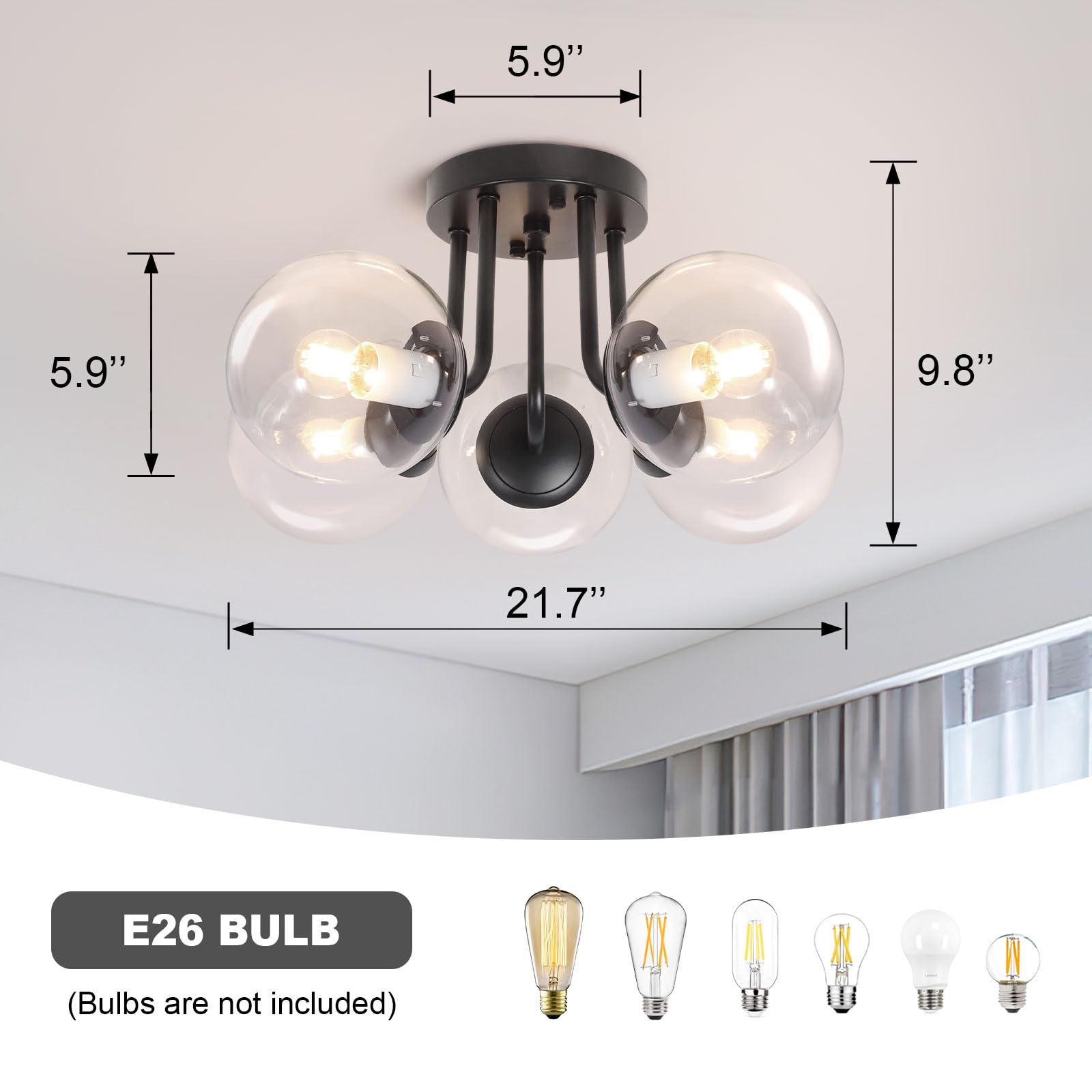 Bektas 5-Lights Semi Flush Mount Ceiling Light Fixture Matte Black Light Fixture Bend Modeling With Transparent Glass Shade For Bedroom,Living Room,Dinning Room Foyer Hallway