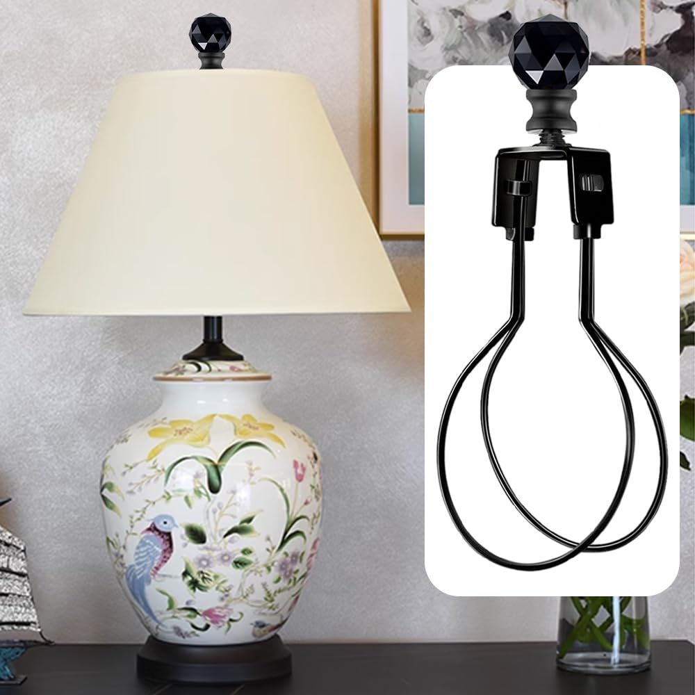 Asjeumt 2Pcs Lamp Shade Light Bulb Clip Adapter Kit, Black Lampshade Holder Adapter With Crystals Top Finial, No Harp Required, Clip On Bulb, Diy Replacement Repair Table & Floor Light Metal Parts