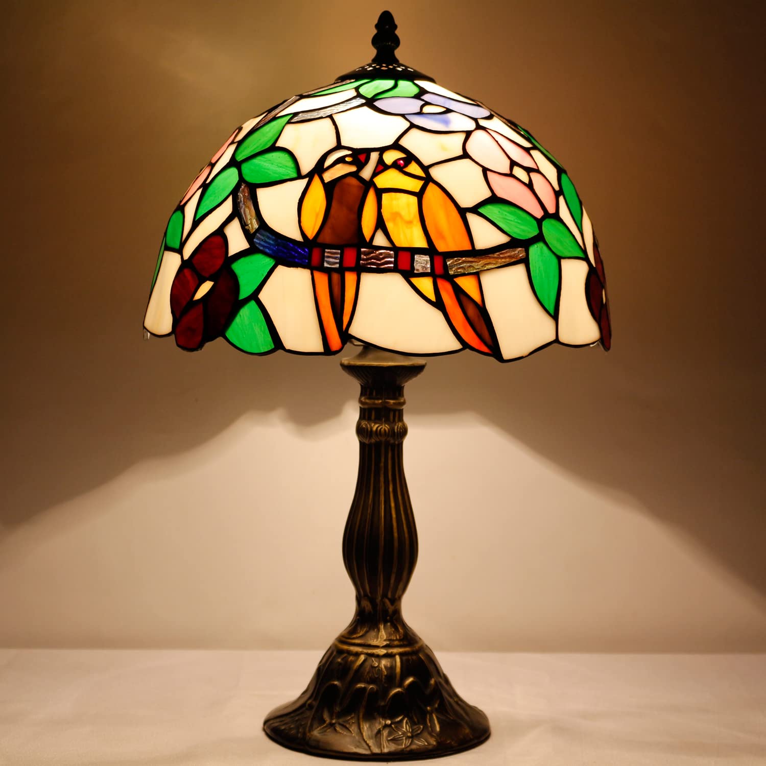 WERFACTORY Tiffany Table Lamp, Stained Glass Bedside Light, 12x12x18 Inches, Double Tropical Birds S803 Series