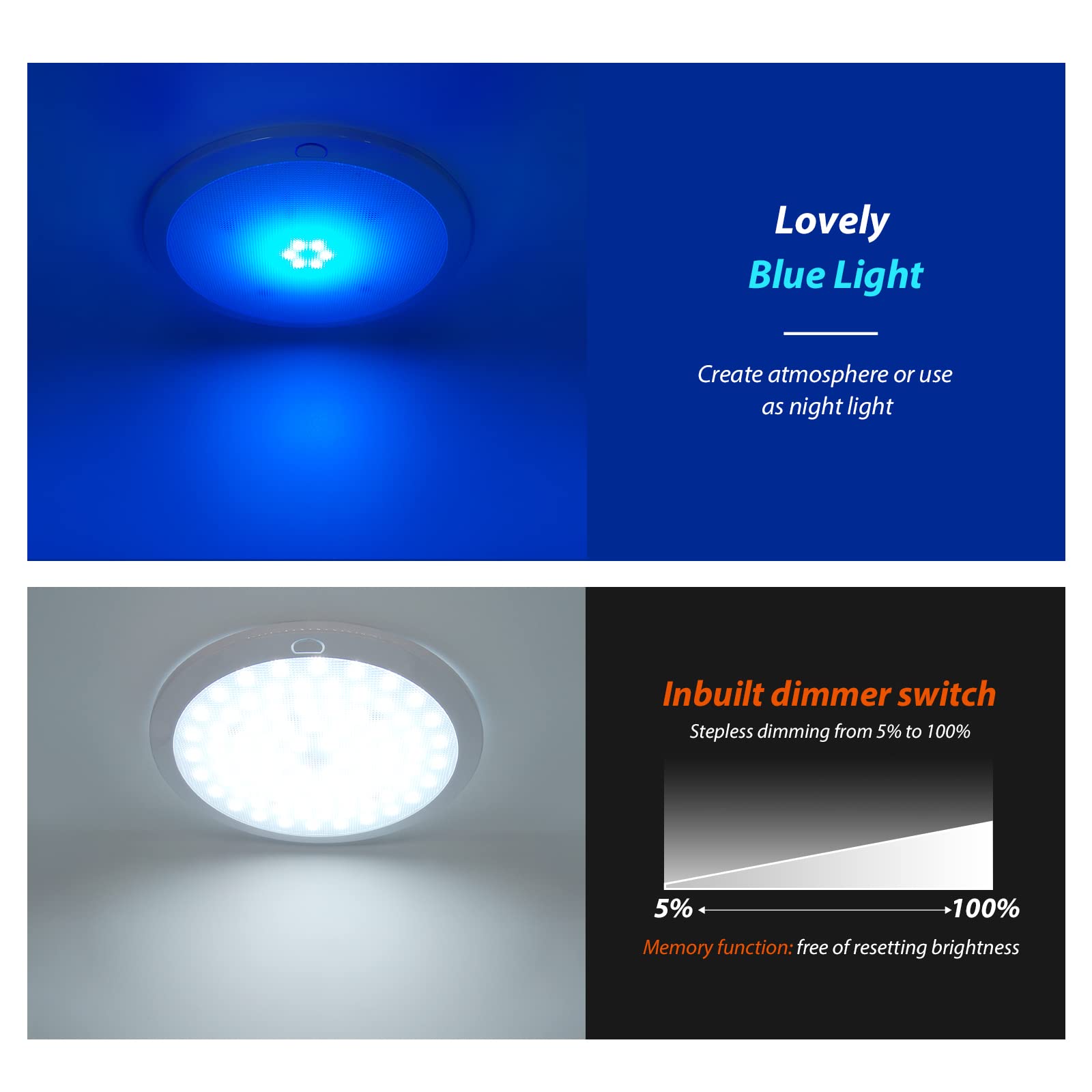 Dream Lighting 12Volt Led Panel Ceiling Dome Light Fixture With Switch For Rv Motorhome & Marine-8.5 Inches, With Memory Functio
