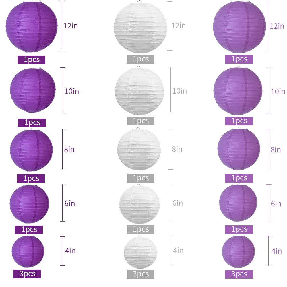 Beishida 21 Pcs Lavender Purple White Round Paper Lanterns Decorative Hanging Asia Chinese Japanese Paper Lanterns Lamp For Hall