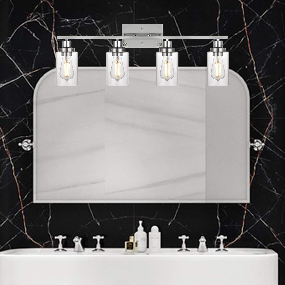 MELUCEE 4-Light Bathroom Lighting Fixtures with Clear Glass Shade Chrome Finish, Modern Vanity Light Wall Mount Lamp for Bedroom