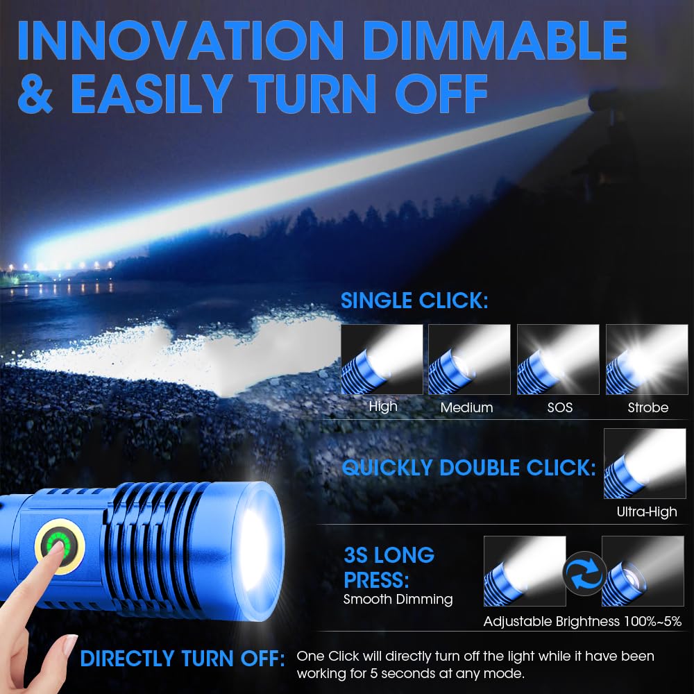 Spriak Rechargeable Flashlight, 12000 Lumens, Long-Range Zoomable LED, Aluminum, Model K2301-BLUE, 2-Pack