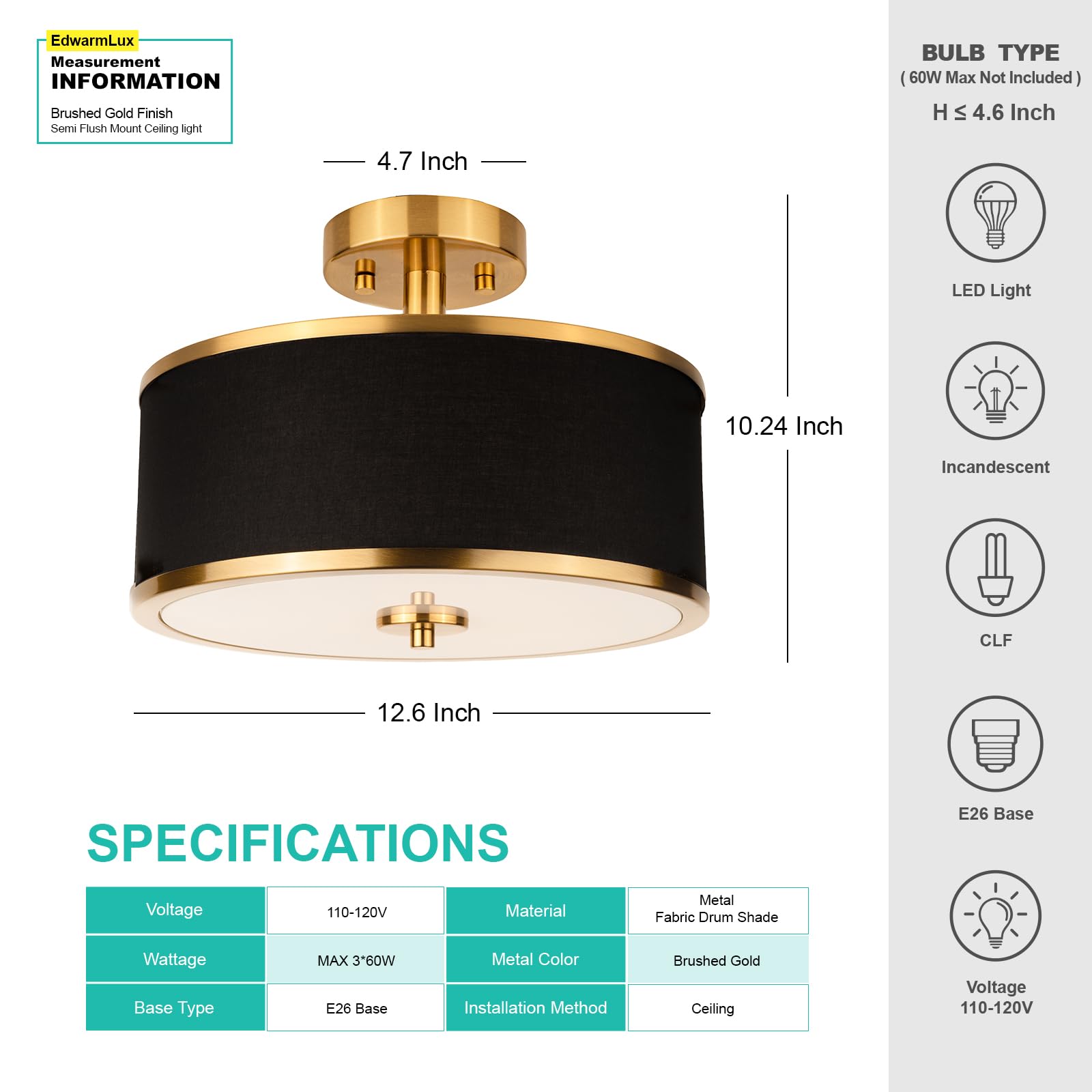 Edwarmlux 3-Light Semi Flush Mount Ceiling Light - 12.6" Brushed Gold & Black Fabric Shade - Modern Fixture for Living Room & Dining Room