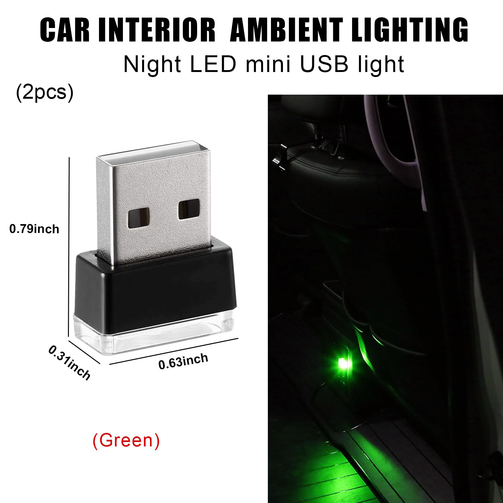 Sylvil 2 Pcs Usb Led Car Interior Atmosphere Lamp  Portable Mini Led Night Light  Plug-In Usb Interface Trunk Ambient Lighting Kit  Universal Interior Car Accessories (Green)