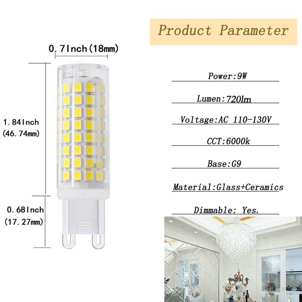 SYXKJ G9 LED Bulbs, 7W Dimmable, 75W Halogen Equivalent, 730LM, Daylight White, 4-Pack, AC120V, Ceramic
