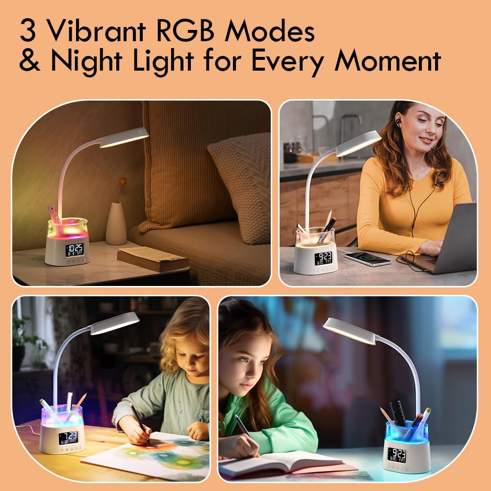 WILIT LED Desk Lamp with USB Charging Port & Clock, White, Model W49A, Pen Holder for Home Office, RGB Night Light for Kids & Students