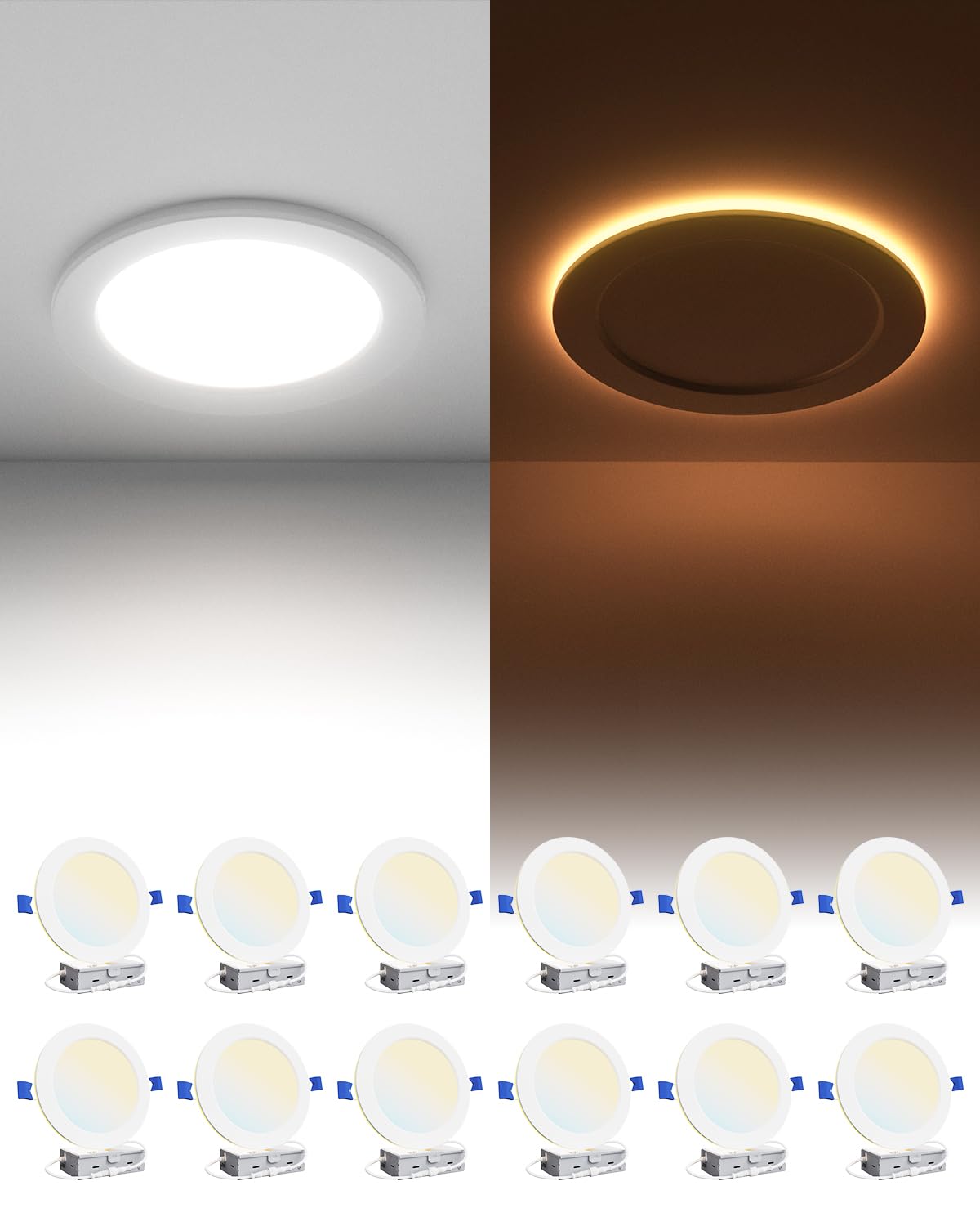 Ensenior 12 Pack 6 Inch LED Recessed Ceiling Light with Night Light, Dimmable, 2700K-5000K 5CCT, 1050LM 12W 120V, High Brightnes