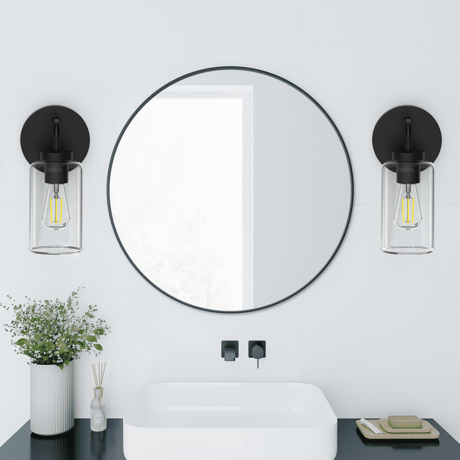 Zevluck Wall Sconces Set Of 2 - Modern Black Metal Light Fixtures With Clear Glass Shade For Bathroom, Bedroom, Living Room, Hardwired