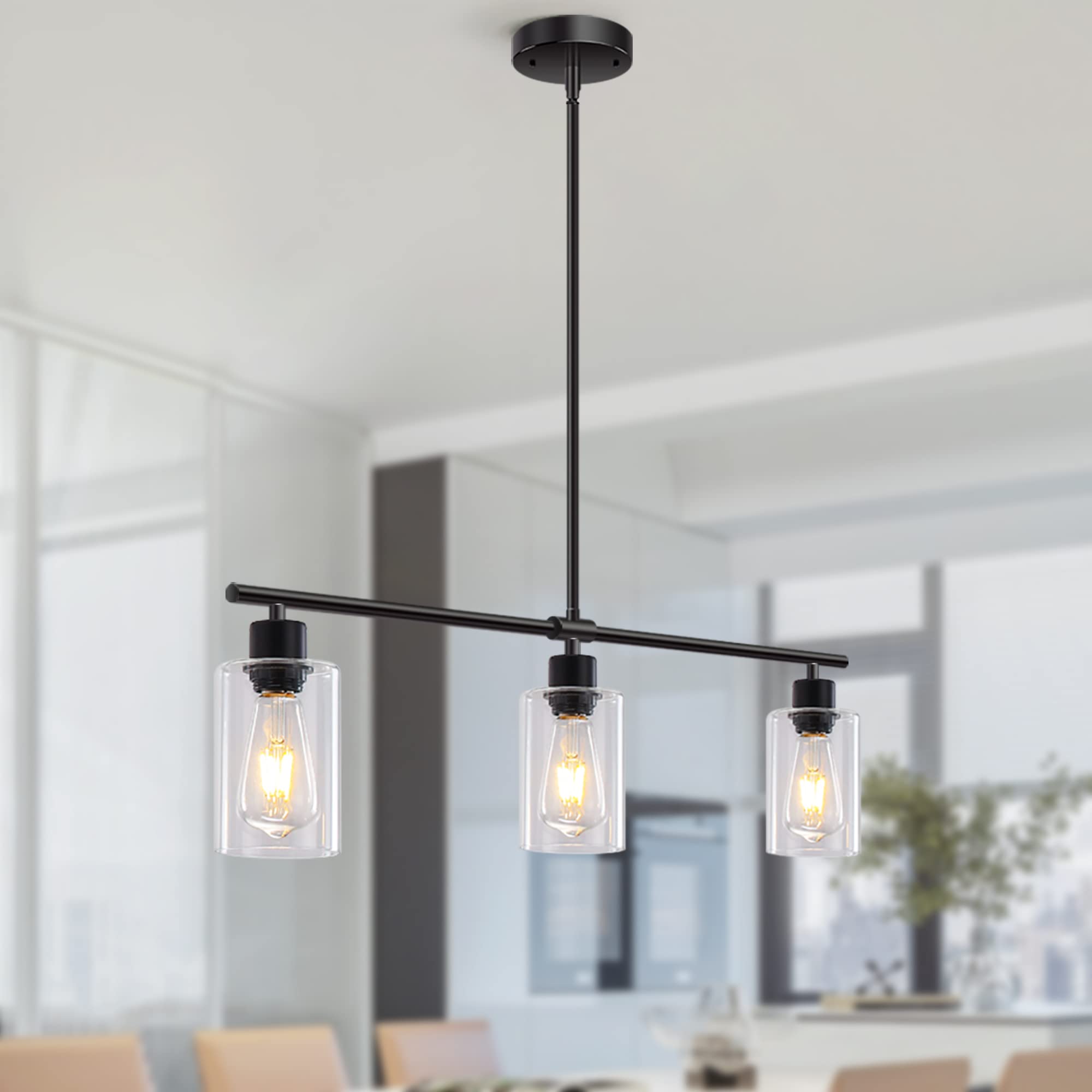 Yarlkav Kitchen Island Lighting, 3 Lights Linear Chandeliers Rectangle Pendant Light Fixtures For Dining Room Farmhouse Hanging Light With Glass Shades(Black)