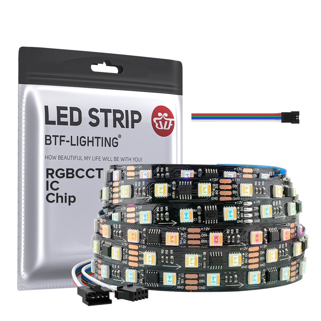 Btf-Lighting Ws2805 Ic Rgbcct Addressable Dual Data Led Strip 5050Smd 16.4Ft 60Led/M 20Pixel/M 5 Colors In 1 Chasing Color Rgb+Cct 3000K-6500K Lights Strip Ip30 Dc12V(No Adapter Or Controller)