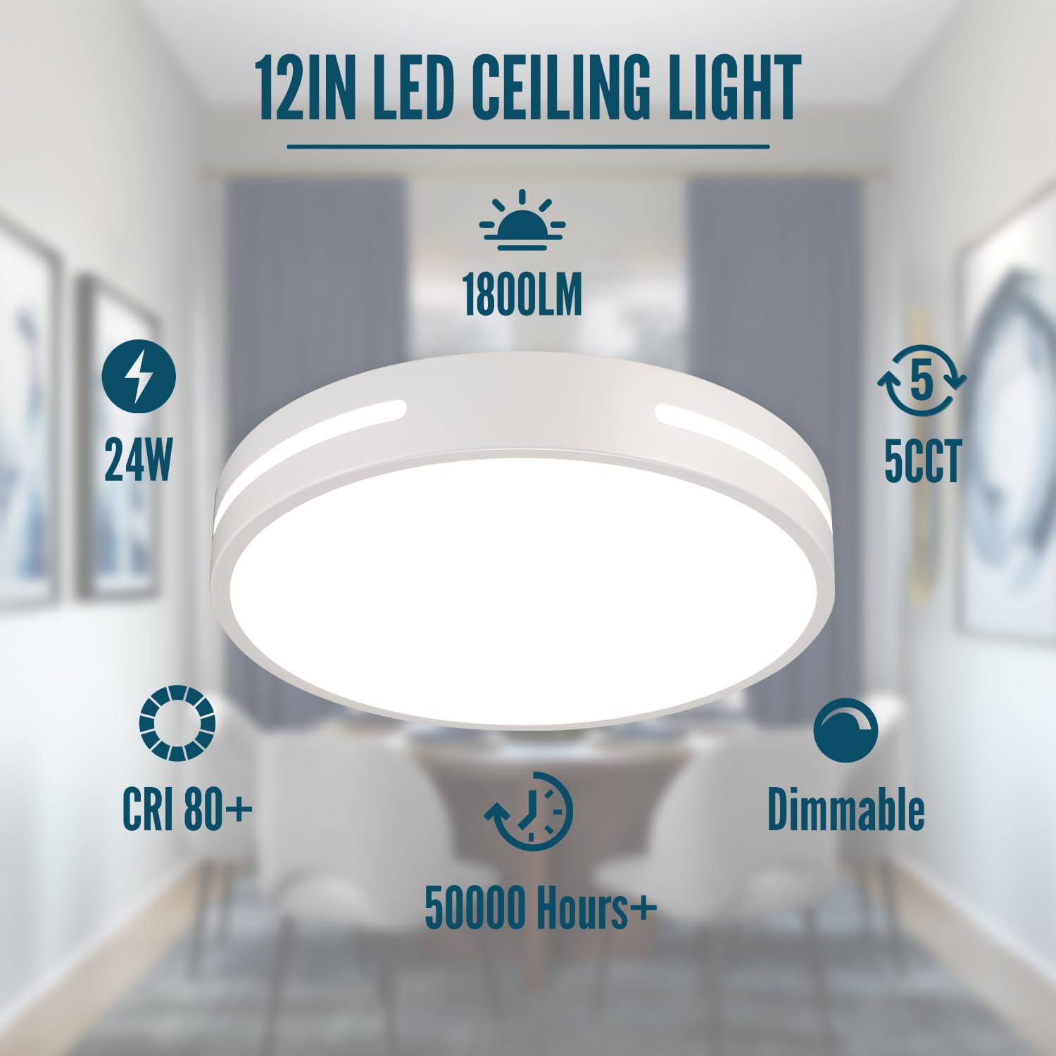 Wheatronic Led Ceiling Light Flush Mount 24W, White Bedroom Light Fixture Ceiling Mount Dimmable 2 Pack, 12 Inch Close To Ceiling Light Fixture 5Cct For Kitchen, Bathroom, Living Room