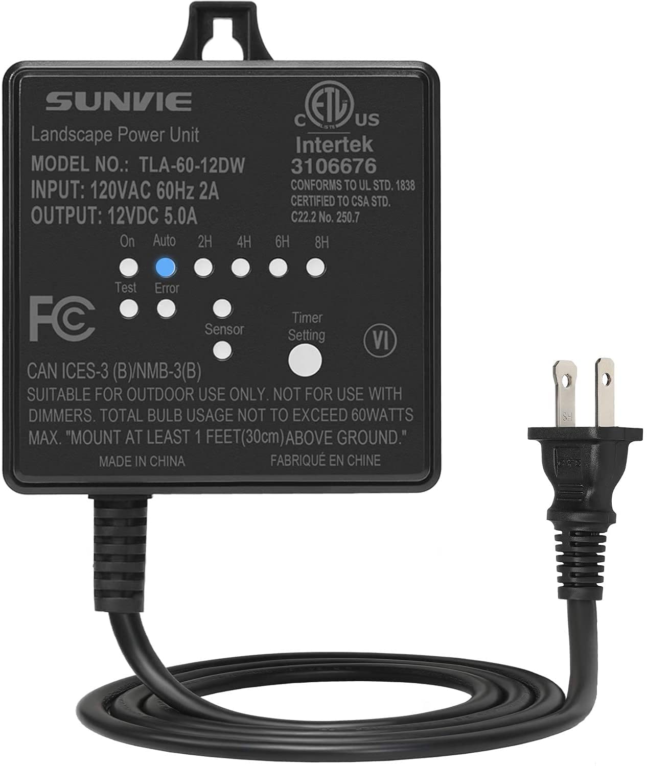 SUNVIE 60W Low Voltage Transformer for Landscape Lighting with Timer and Photocell Sensor, Waterproof, 120V AC to 12V DC