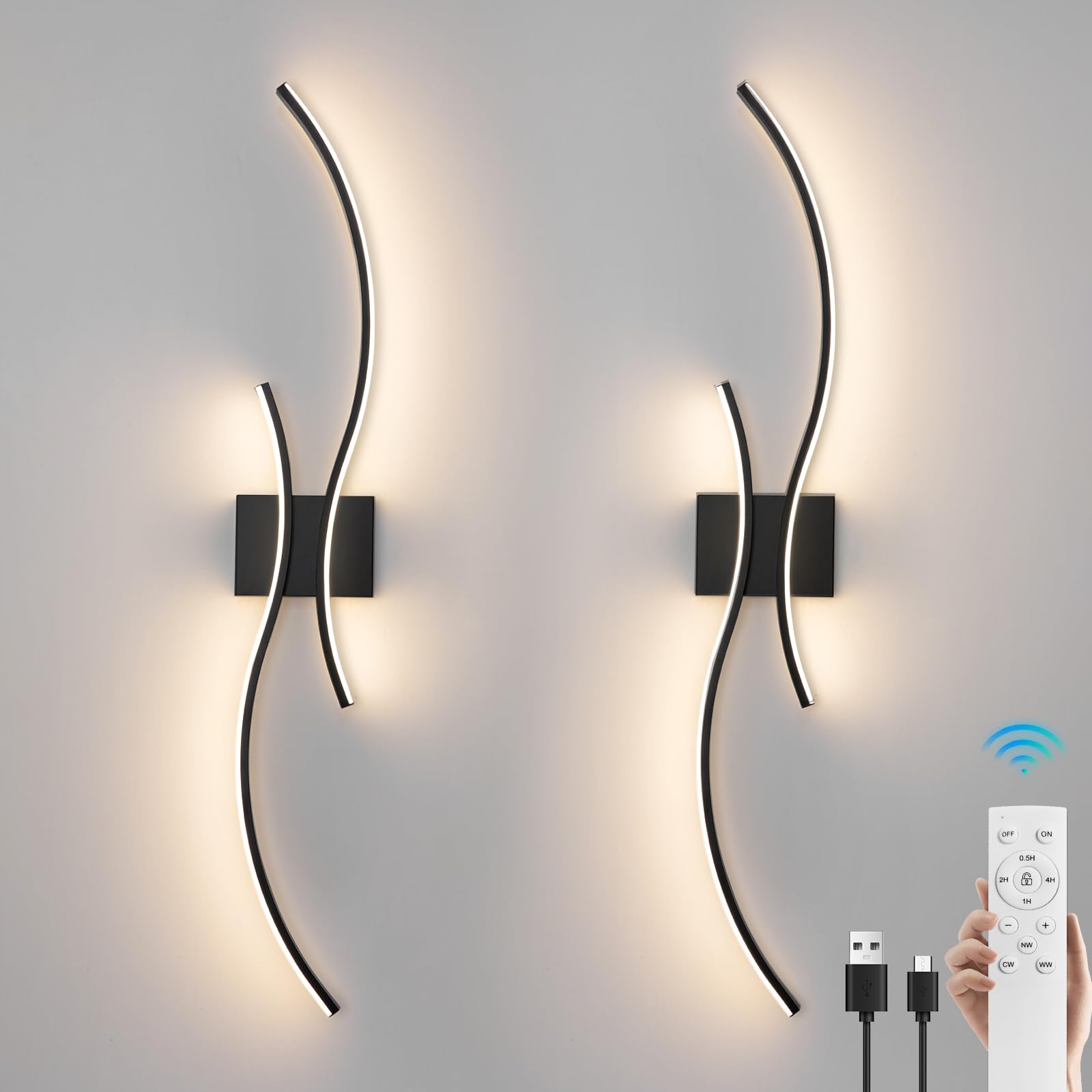 Battery Operated Wall Sconces Set of 2, Dimmable Rechargeable Battery Wall Light with Remote Control, 3000K-6500K LED Black Wire