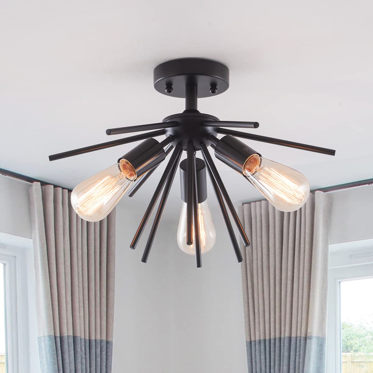 VILUXY Modern 3-Light Flush Mount Ceiling Light Fixture, Metal, Black, Mid Century Design for Hallway, Dining Room, Living Room