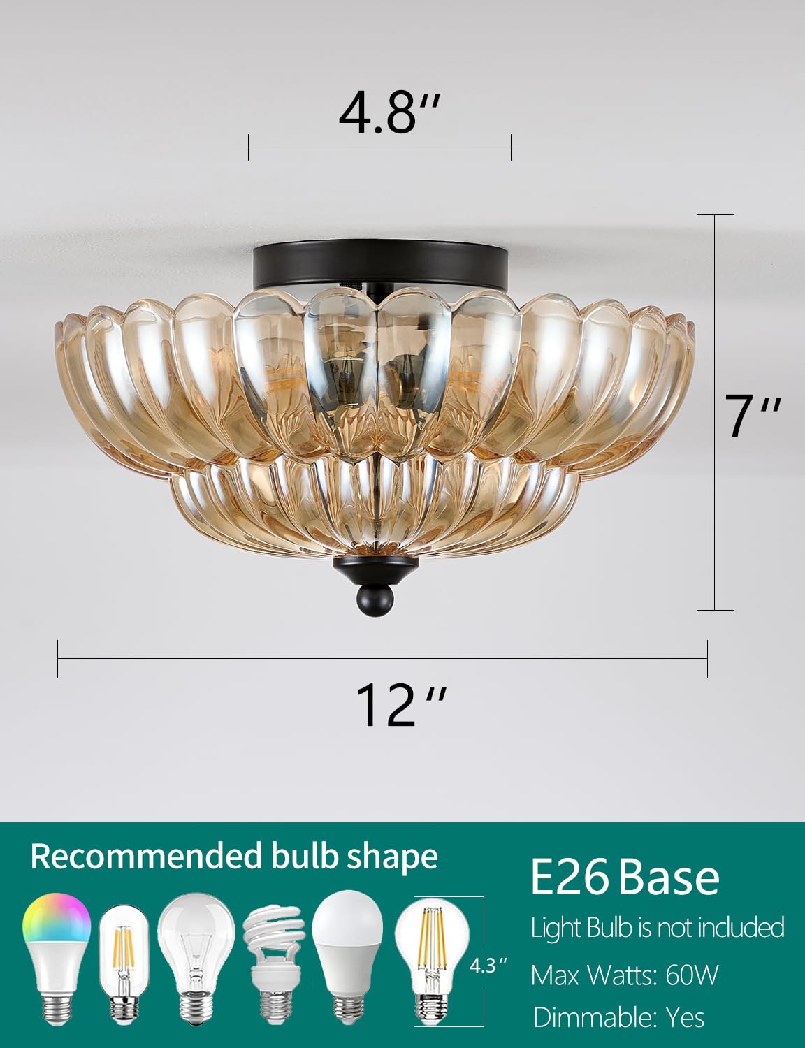 SIJINCHEN Semi Flush Mount Ceiling Light - 3-Bulb Amber Glass Fixture for Bedroom, Kitchen, Living Room, 11.8 Inch, Vintage Style