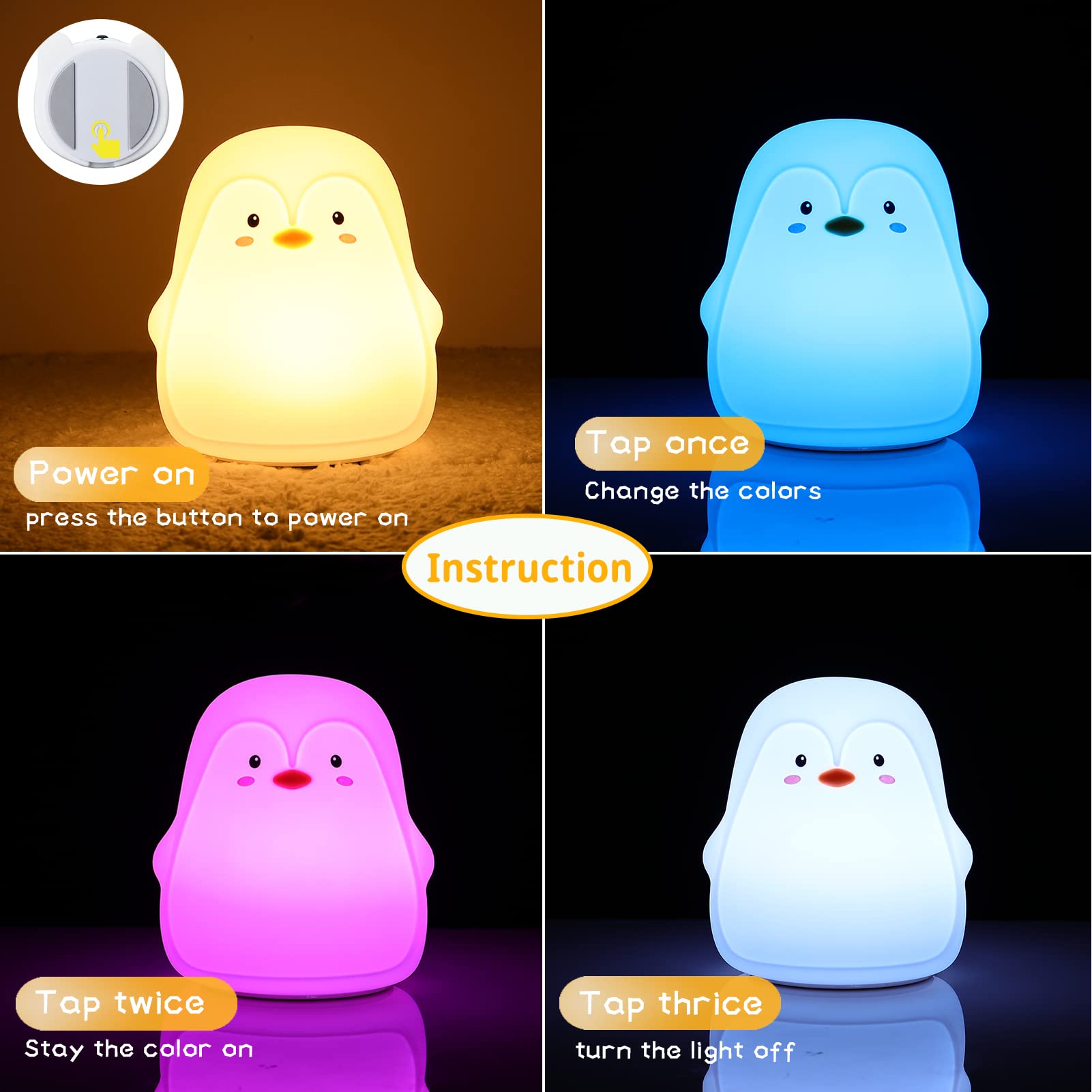 LOVERUIS Penguin Night Light Kid Children, 7 Colour Changing LED Portable Baby Lamp Newborn, USB Rechargeable Silicone Animal Ni