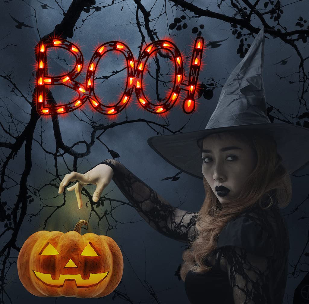 Justpro 13.3" Lighted Boo Halloween Window Silhouette Decoration,Halloween Lighted Window Decoration,Hanging Light Up Holiday Ornament