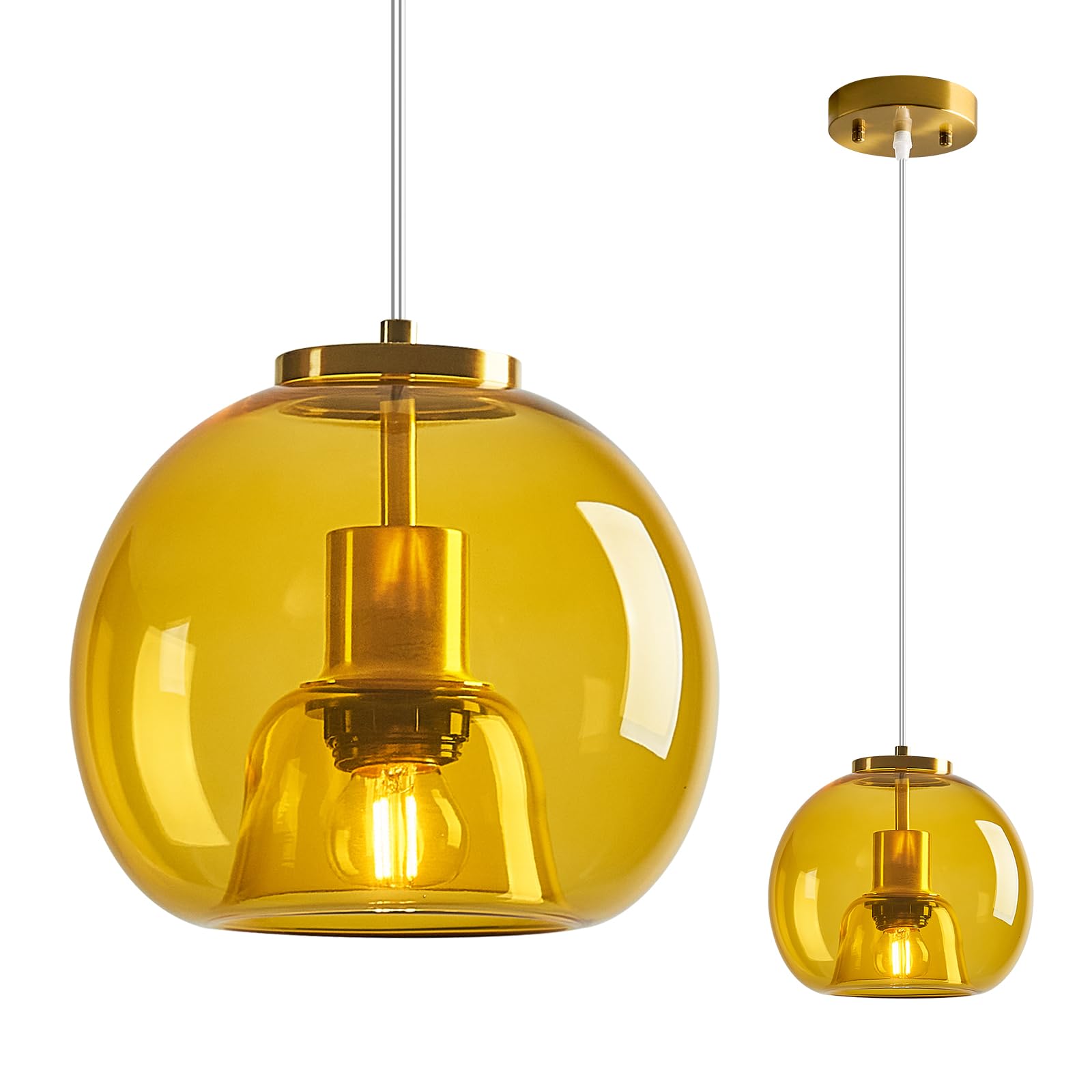 Lbsqj Yellow Glass Pendant Lights Kitchen Island Gold Hanging Light Fixture Glass Globe Pendant Light Modern Pendant Lighting For Kitchen Island Bedroom Dining Room (7.87  1 Pack)