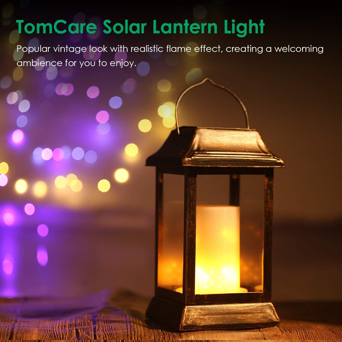 TomCare Solar Lanterns - 2 Pack Metal Flickering Flame LED Lights, Waterproof, Bronze, Model SZ-19003 for Outdoor Patio Garden Decor