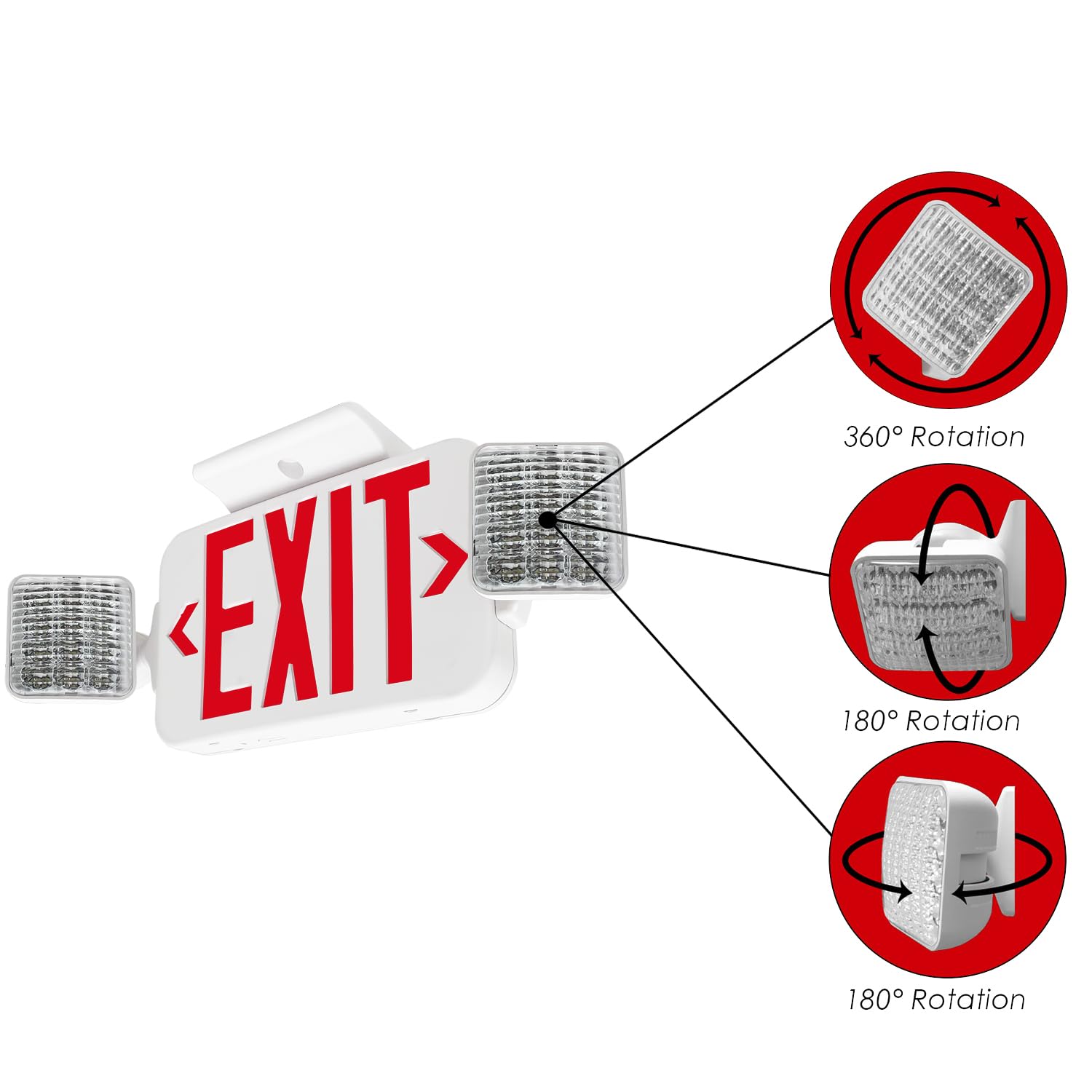 Lfi Lights | Combo Red Exit Sign With Emergency Lights | White Housing | All Led | Two Adjustable Square Heads | Hardwired With