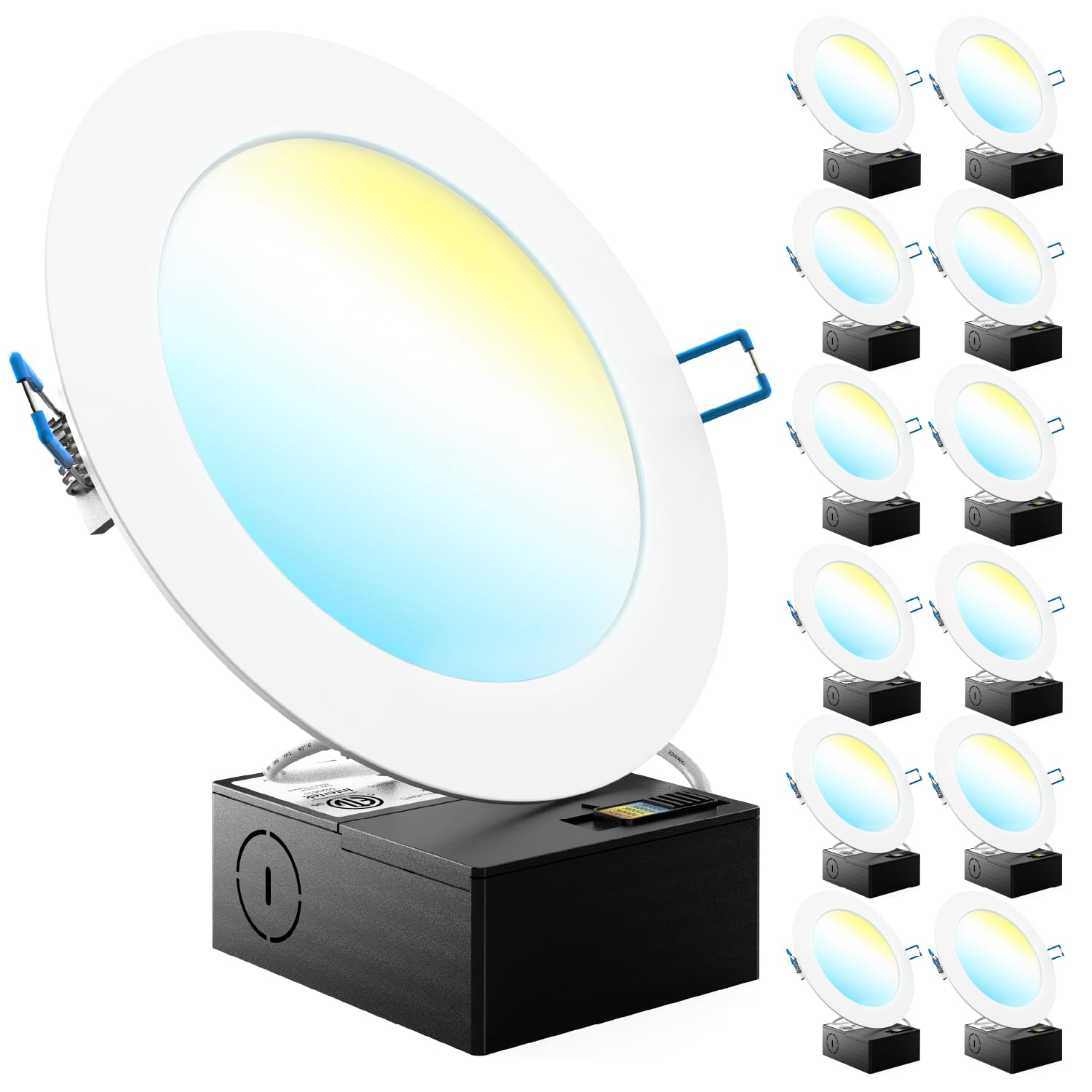 Sunco 12 Pack 5Cct 6 Inch Ultra Thin Led Recessed Ceiling Lights Slim 1500Lm High Brightness, 2700K/3000K/3500K/4000K/5000K Selectable, Dimmable, 14W, Canless Wafer With Junction Box
