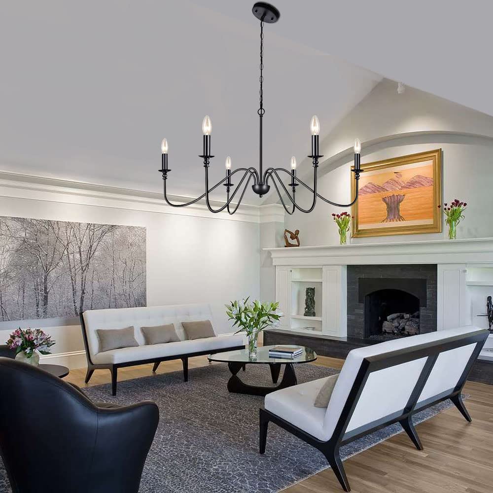 Lampundit Black 6-Light Iron Chandelier - Farmhouse Candle Ceiling Pendant For Dining Room, Kitchen