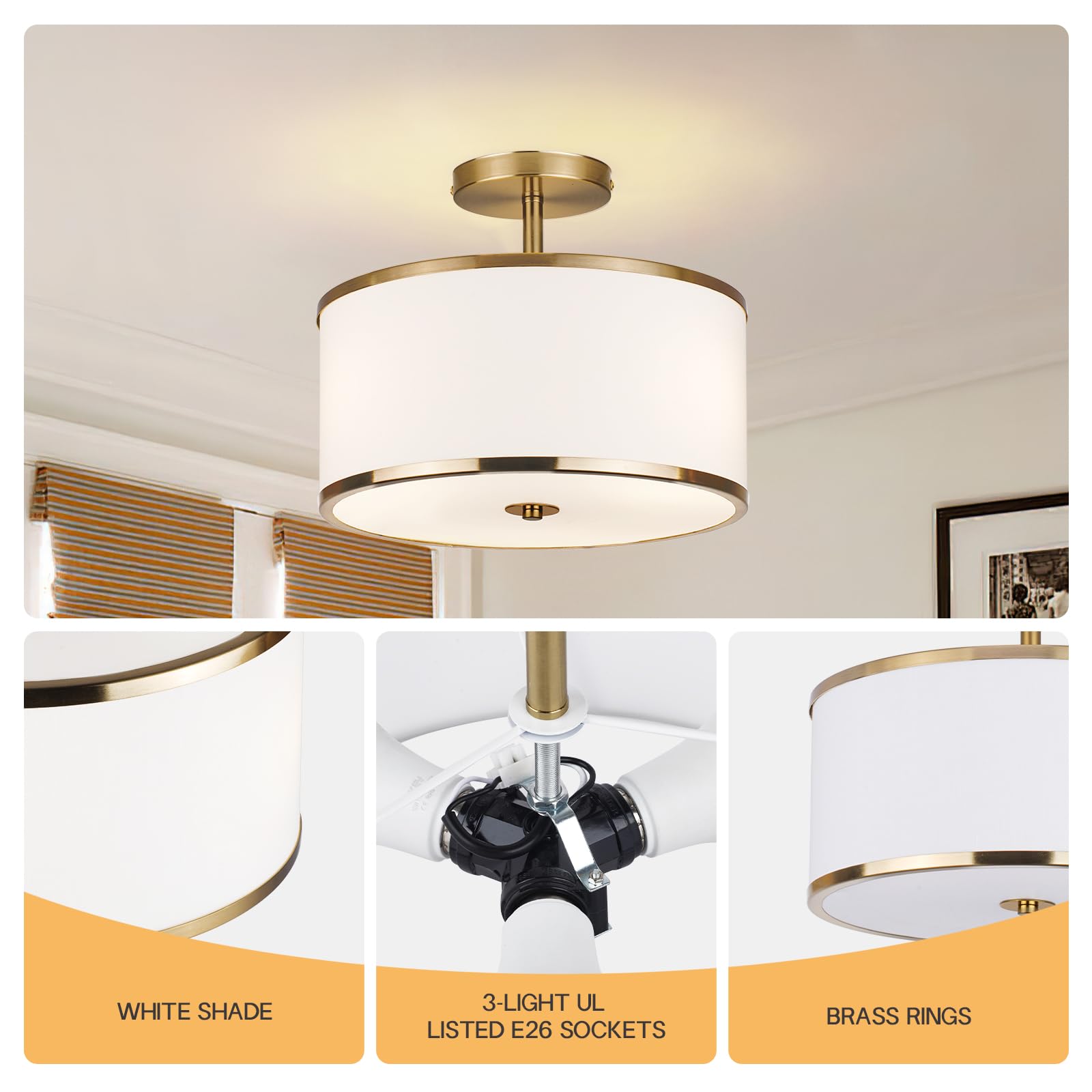 Calokes Luxury Semi Flush Mount Ceiling Light, 3-Light Drum Lamp With Gold Brass Finish And Fabric Shade, Ideal For Bedroom, Kit