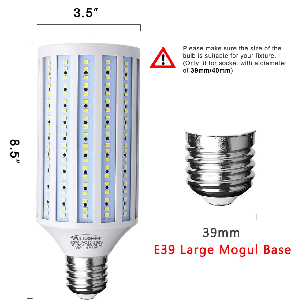 Auzer 60W LED Corn Light Bulb, E39 Base, 6000-Lumen, 6500K Cool White, Plastic, 1 Count