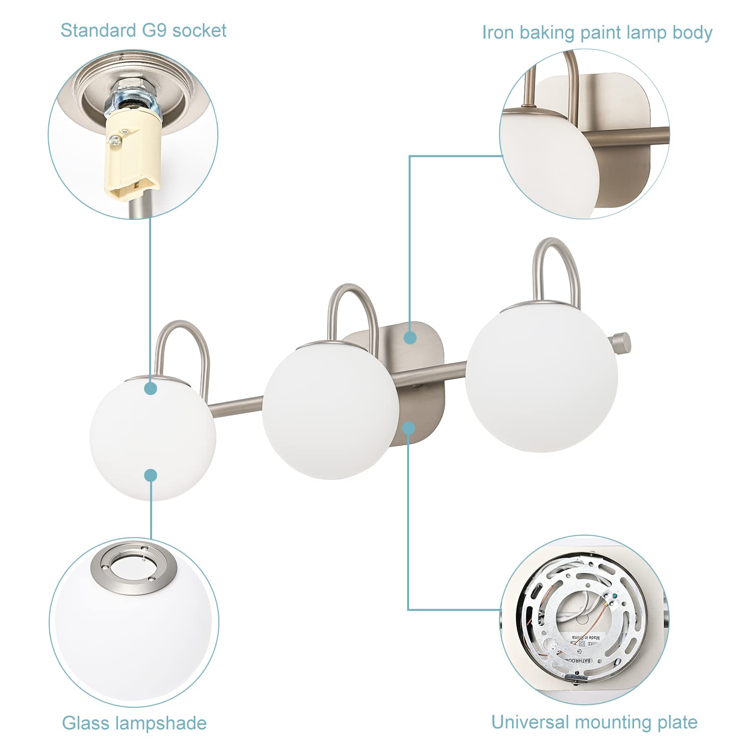 Zhuoer Brushed Nickel Bathroom Vanity Light Fixtures 3 Lights Milk White Glass Globe Shade Modern Wall Sconce Lighting Bath Vanity Lights Bar Over Mirror (Exclude G9 Bulb)