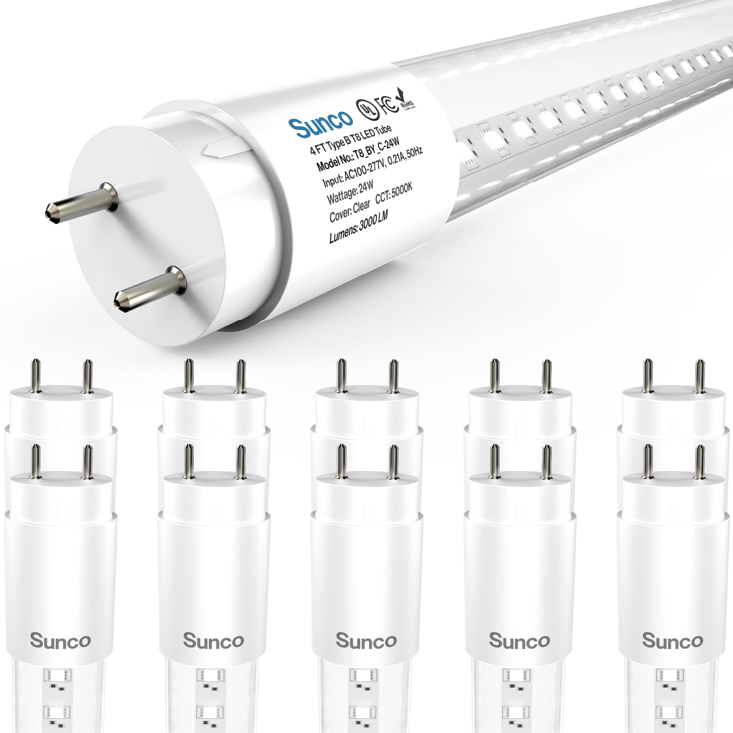 Sunco 10 Pack T8 LED Tubes 4FT Fluorescent Replacement, 48 Inch, 24W, 3000LM, 5000K Daylight, Single Ended Power, Type B, Clear 