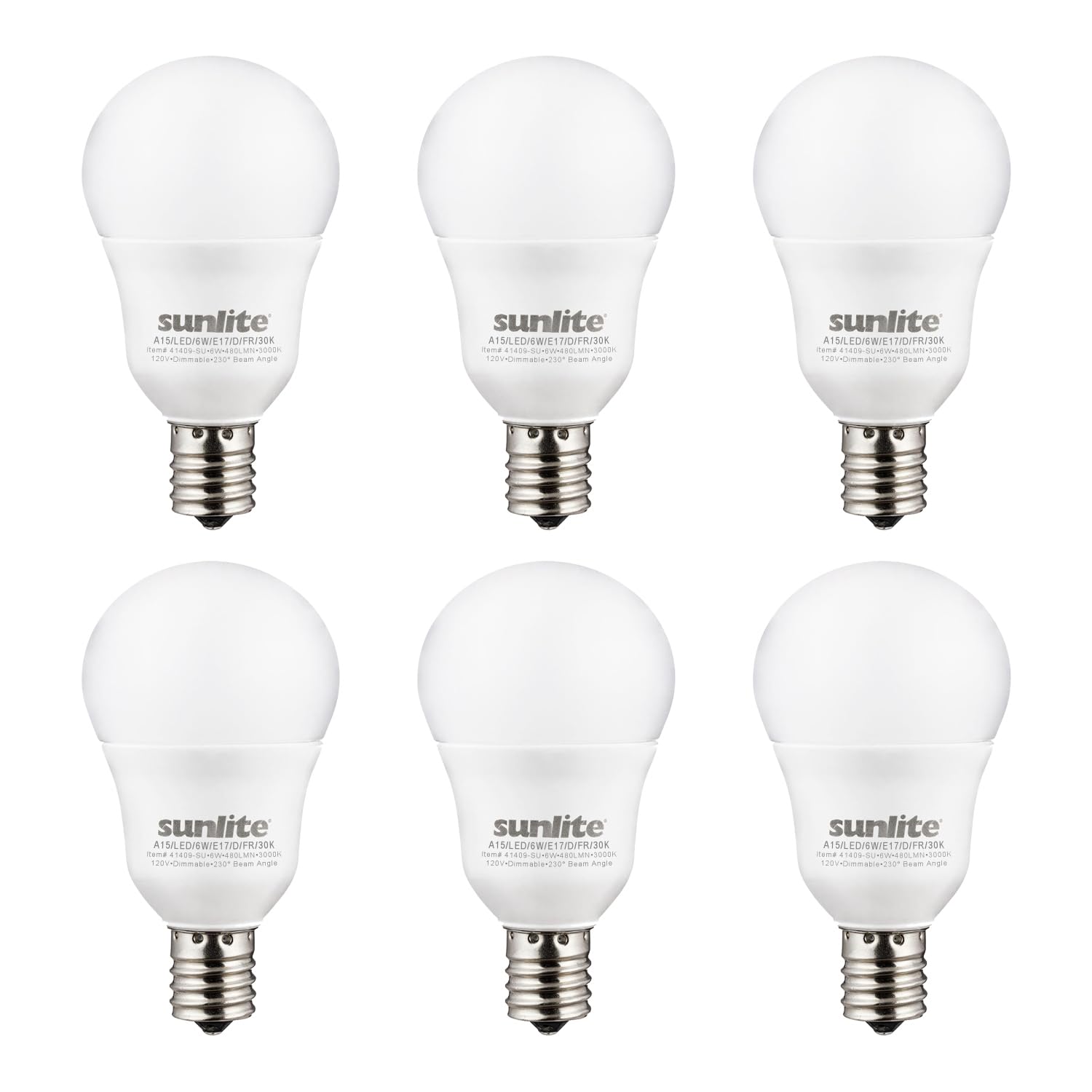 Sunlite A15 E17 LED Bulb, 6W (40W Equivalent), 480 Lumens, Dimmable, 6 Pack, Frosted Finish, 2700K Soft White