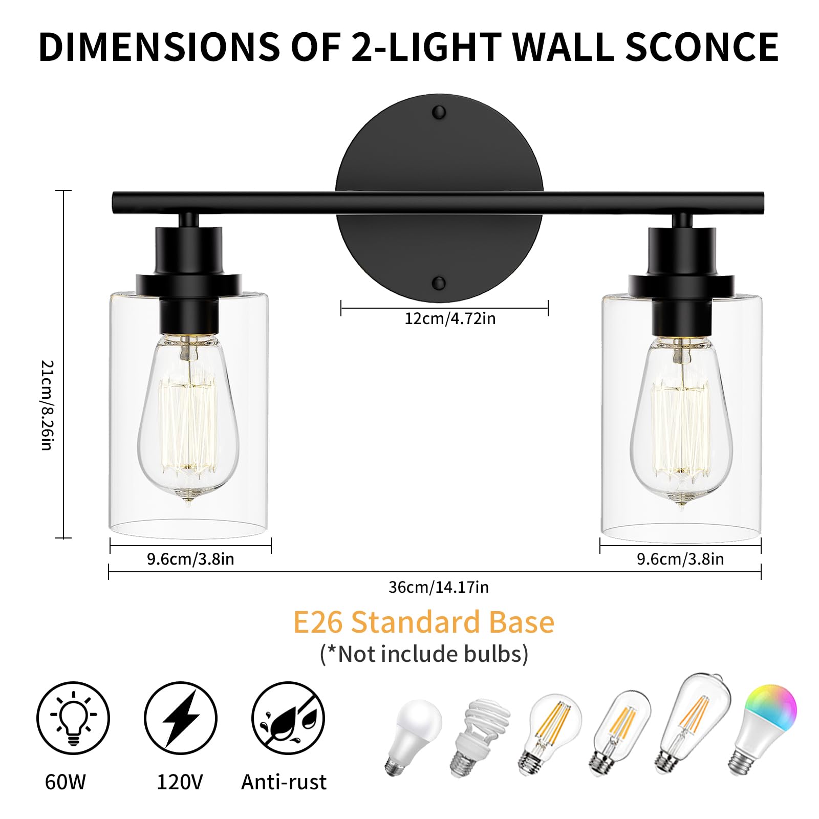 GORDNWE Modern Vanity Light - 2-Light, Matte Black, Metal, E26 Bulb Base, Model LJ-001
