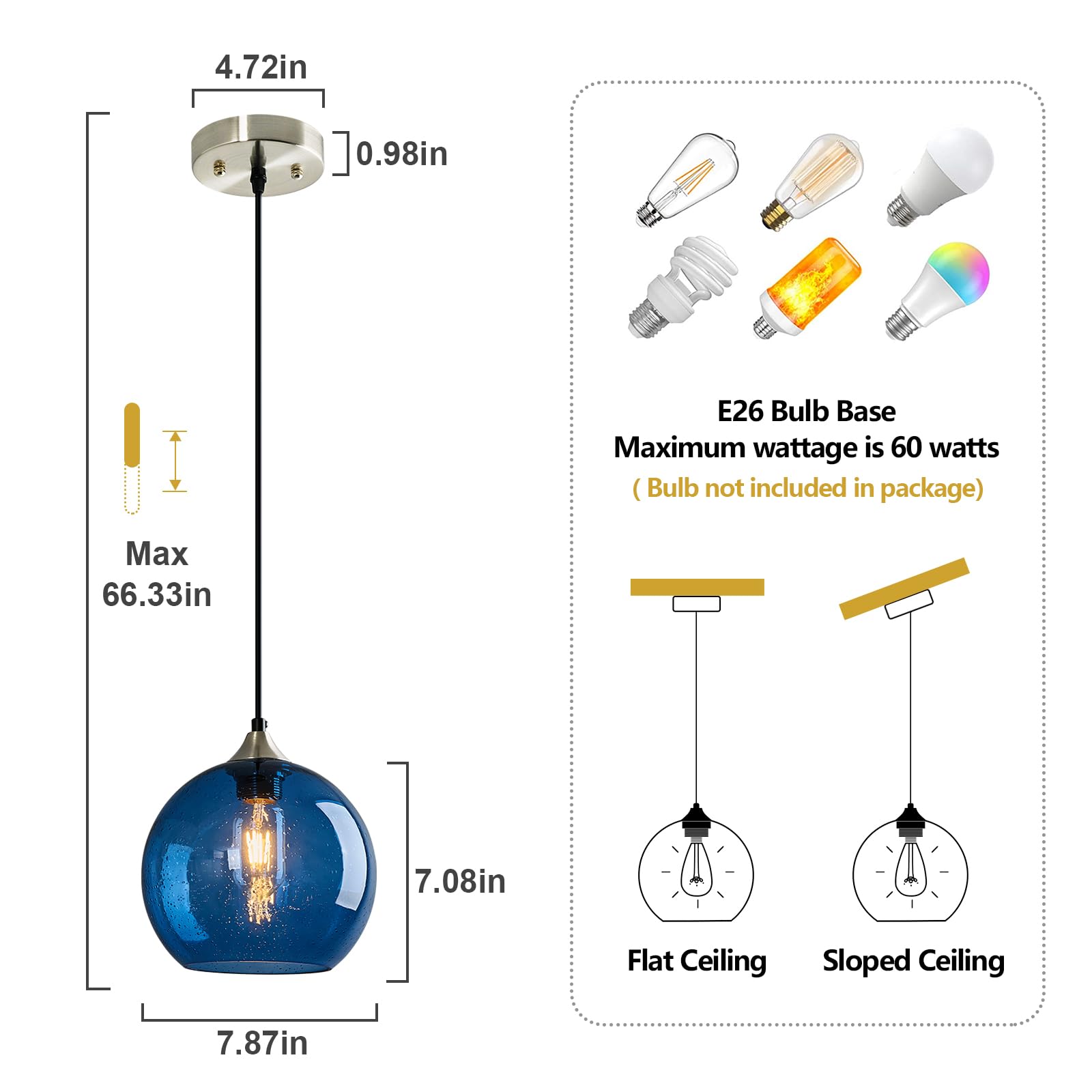 Lbsqj Blue Glass Pendant Lights Kitchen Island Lighting Globe Pendant Light Fixtures Modern Pendant Lighting For Kitchen Island Bedroom Living Dining Room Light Fixture(7.87In  1-Pack)