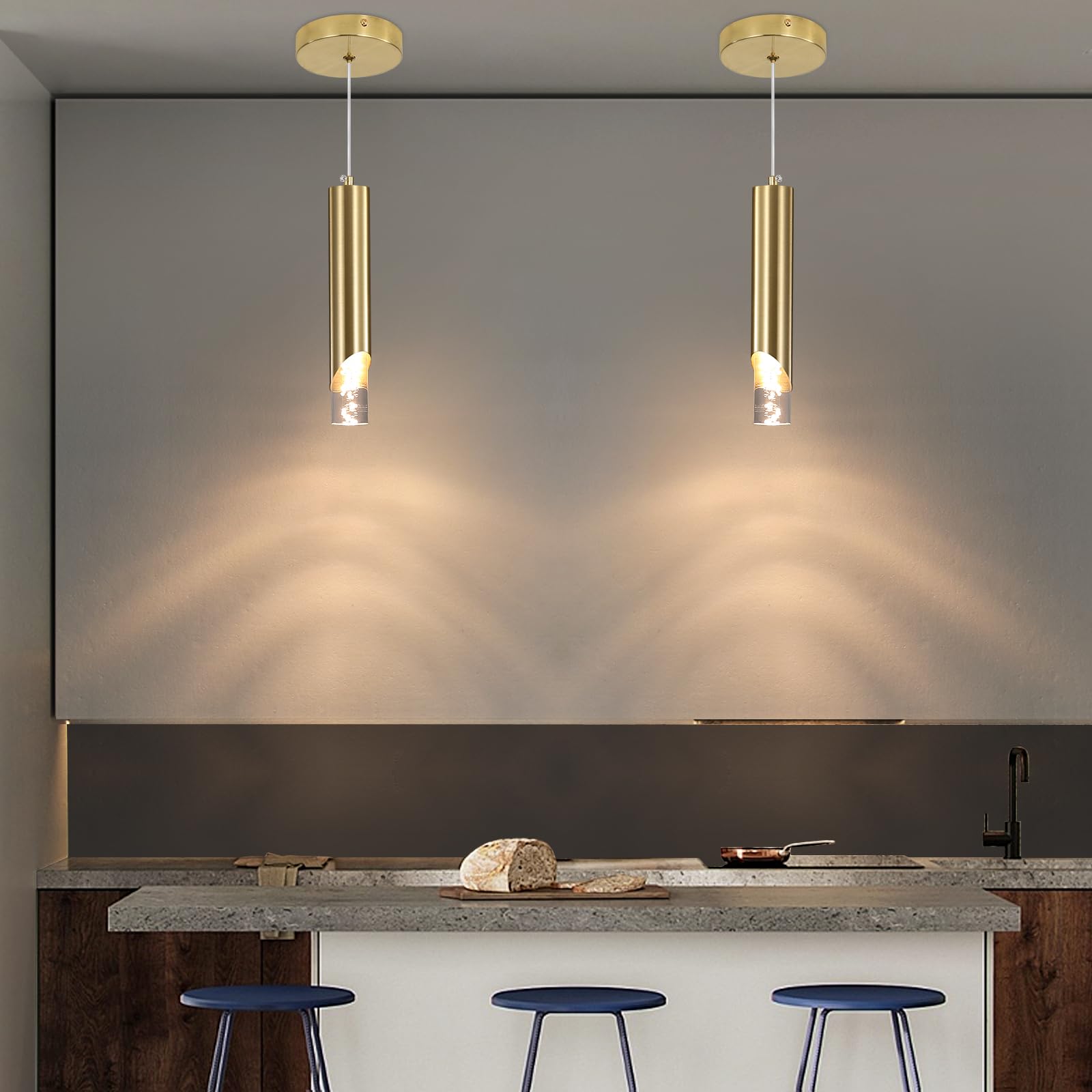 2 Pack Modern Gold Pendant Light Fixture  Acrylic Bubble Cylinder Hanging Lights  3 Color Temperatures  Minimalist Ceiling Chandelier Lighting For Dining Room  Bedroom  Hallway  Bar  Kitchen Island