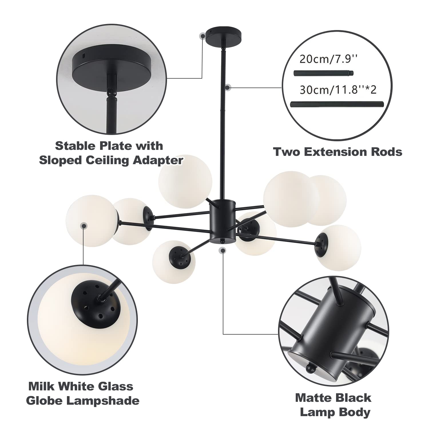 KCO Lighting Black Sputnik Chandelier 8-Light Glass Globe Mid Century Modern Ceiling Fixture Black+White Model L1085-8-BW