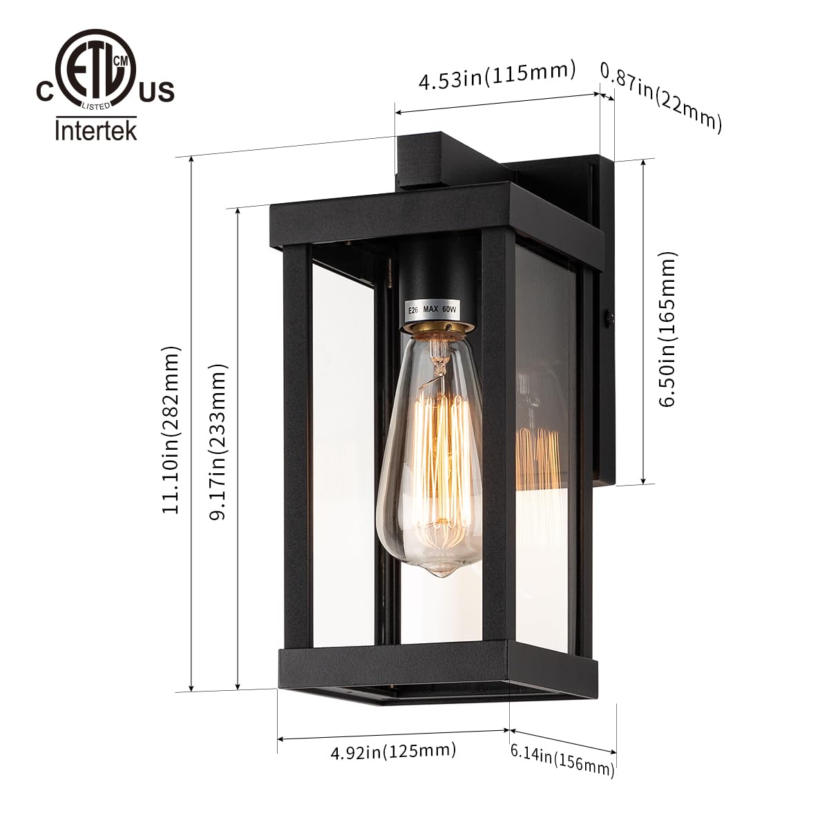 Mirrea 11&quot; Matte Black Outdoor Wall Sconce, Waterproof Rectangular Metal Frame, Pack Of 2