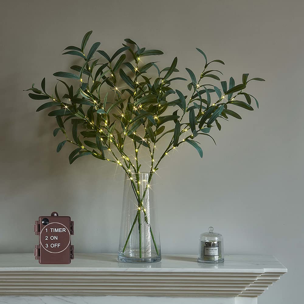 LITBLOOM Lighted Olive Branches 24IN 45LED with Timer Battery Operated Lit Artificial Greenery for Wedding Party Spring Home Dec