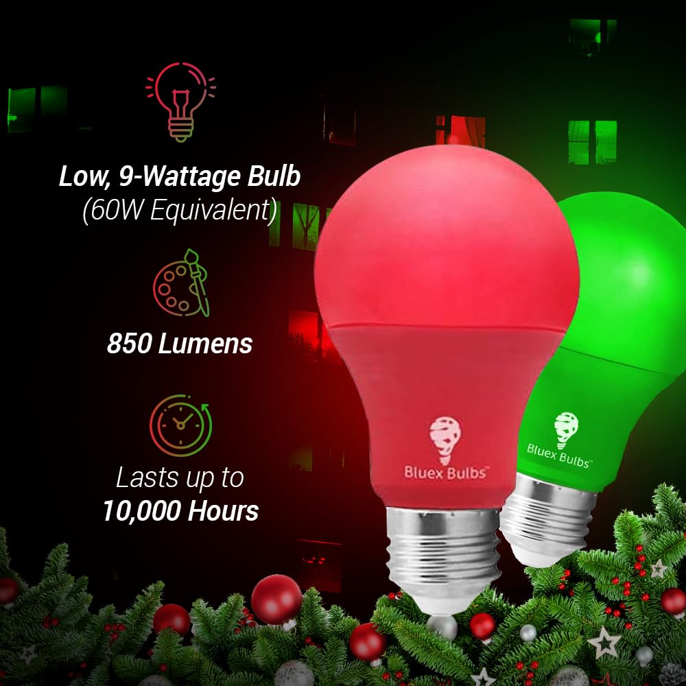 Bluex Bulbs A19 Green LED Light Bulb - 9W (60W Equivalent) - 2 Pack - E26 Base - Perfect for Parties & Home Decoration