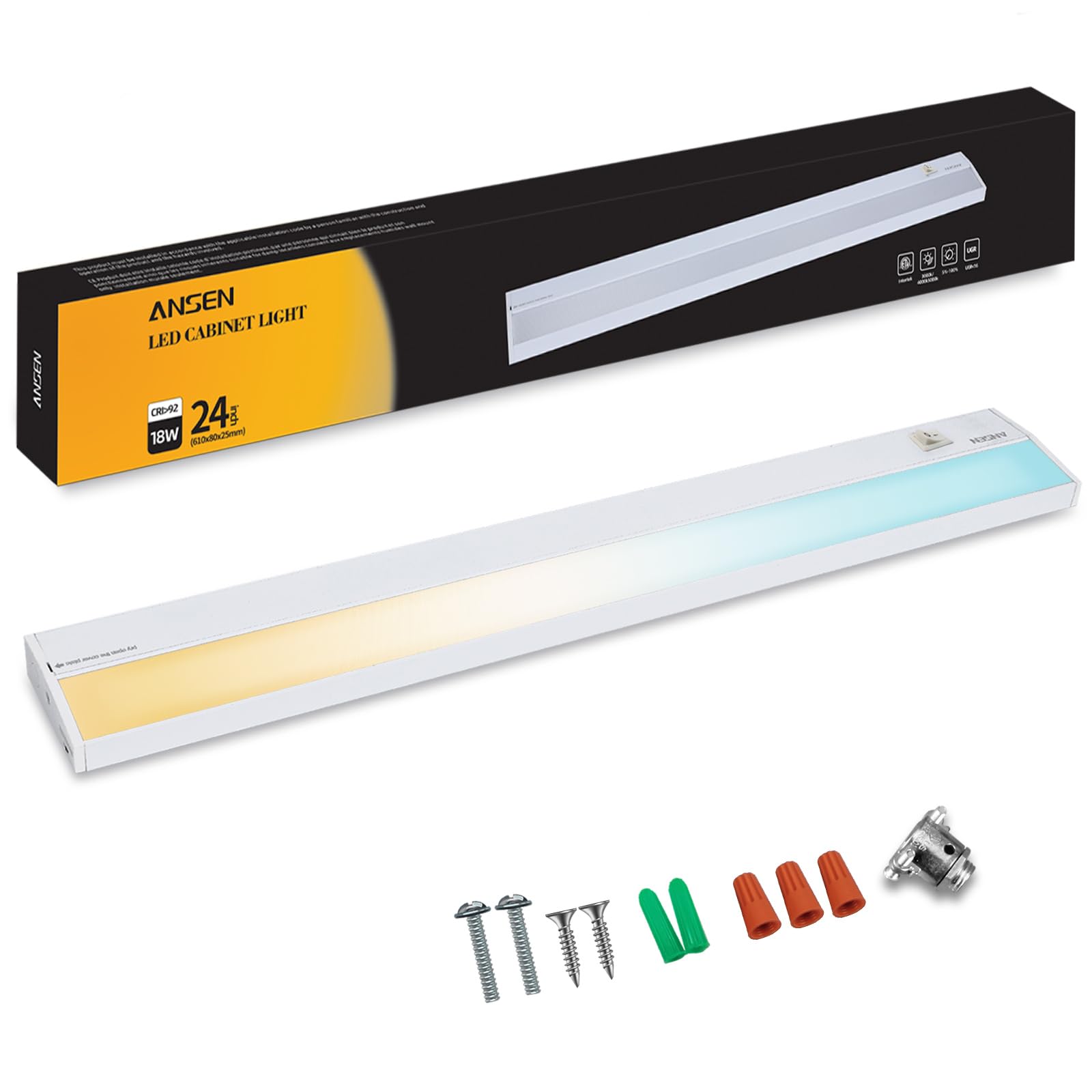 Ansen Hardwired Under Cabinet Lighting, 24in 18W LED Light for Kitchen/Closet, CRI>92, R9>90, 3 Color Temperature, Dimmable, 300