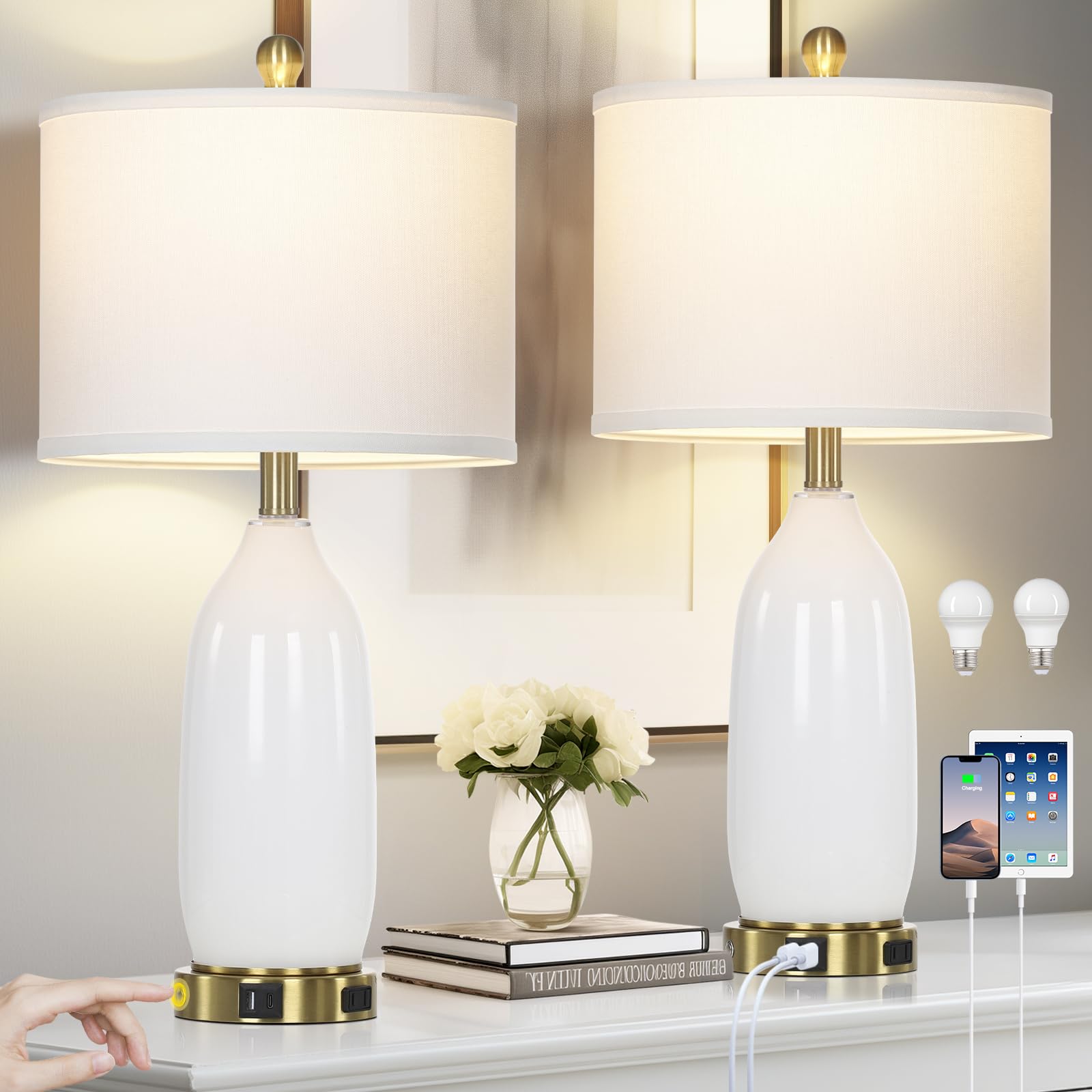 Rinweey 26'' Modern White Glass Table Lamps Set of 2,Nightstand Lamp with USB A+C Ports & AC Outlet,Bedside Lamps with 3-Way Dim