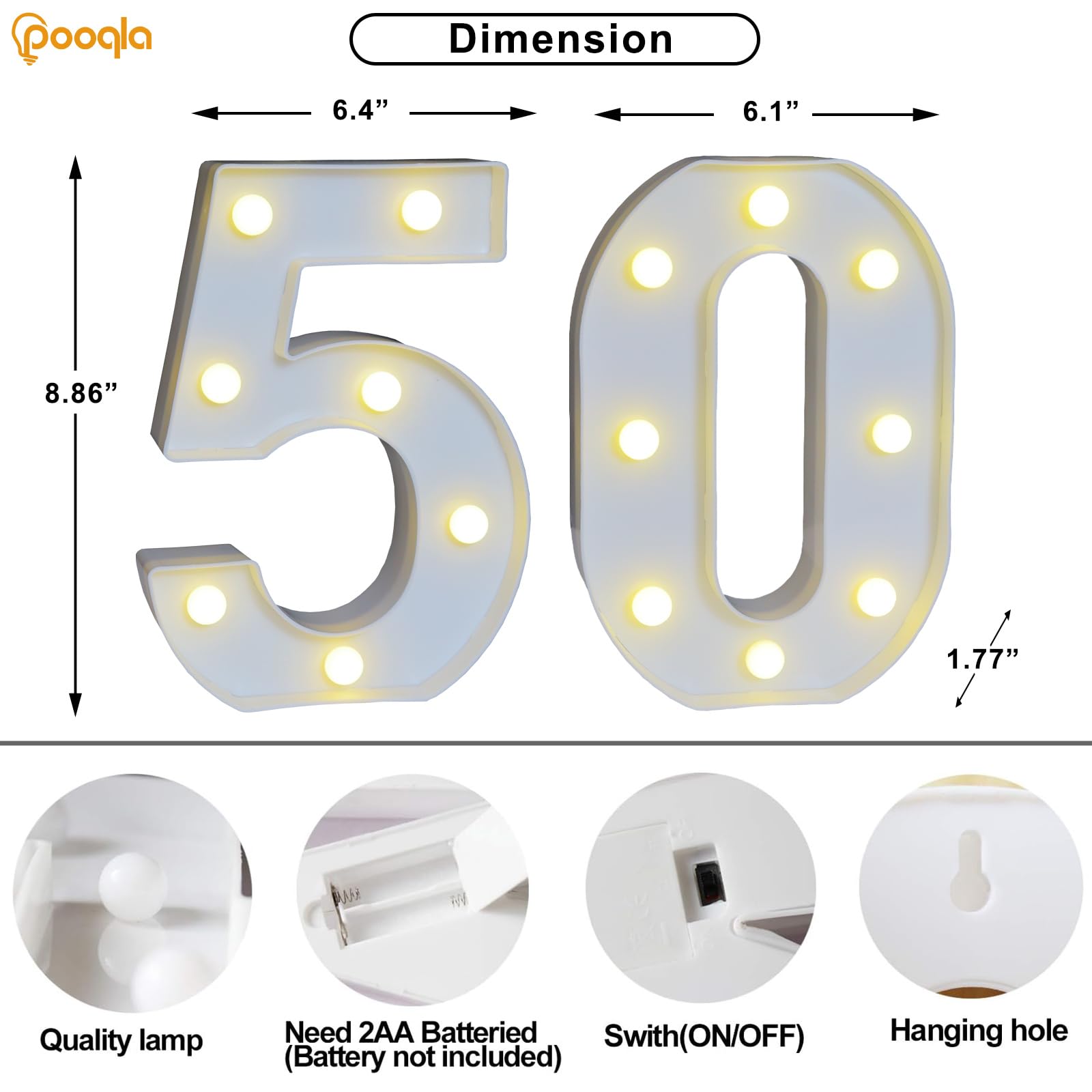 Pooqla Decorative Led Light Up Number Letters, White Plastic Marquee Number Lights Sign For 50Th Birthday Party Wedding Decor Battery Operated Number (50)