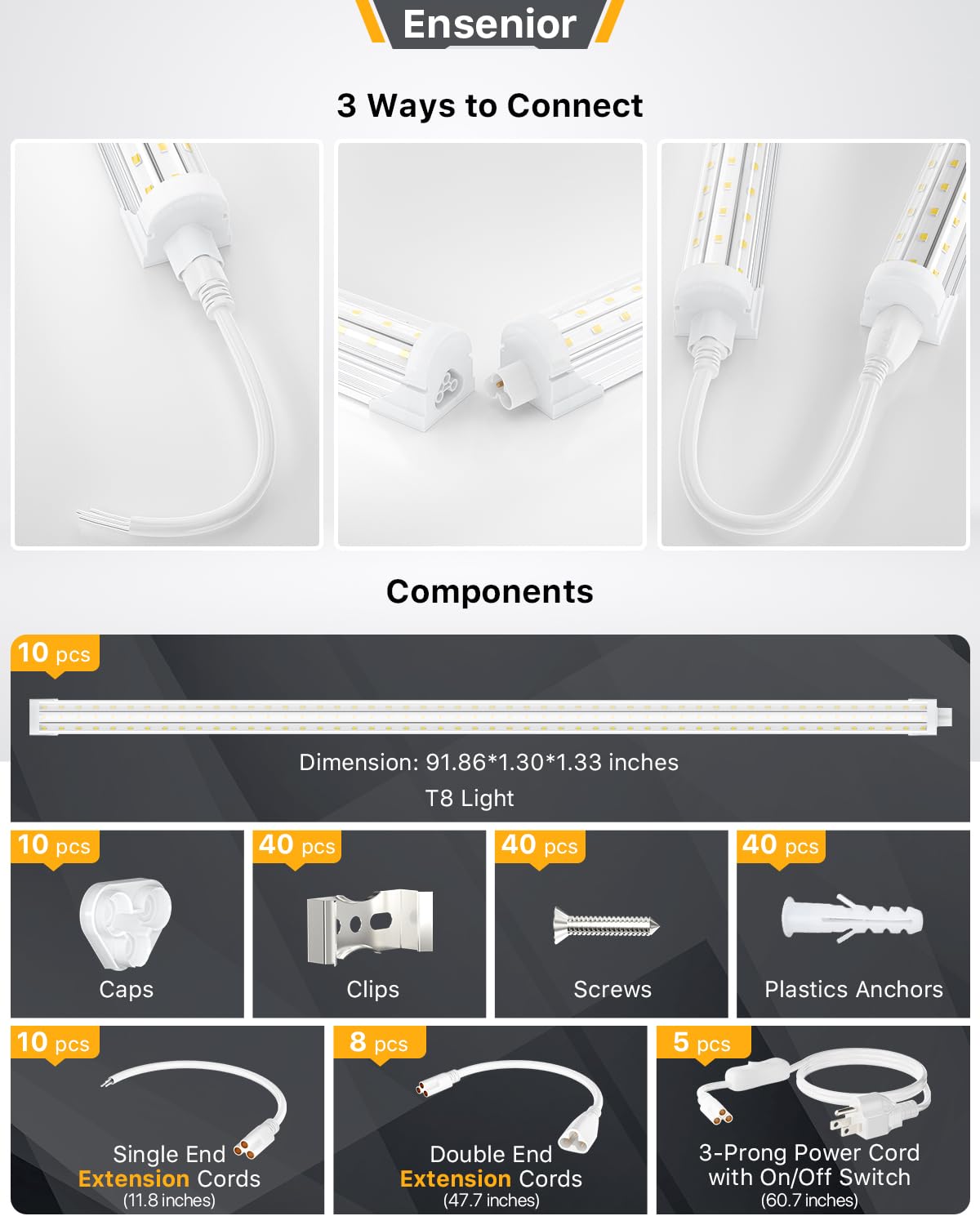 Ensenior 8FT LED Shop Lights, 6000K Clear White, 10000LM, U-Shaped Linkable, Model T8-8F-60K-10-WH