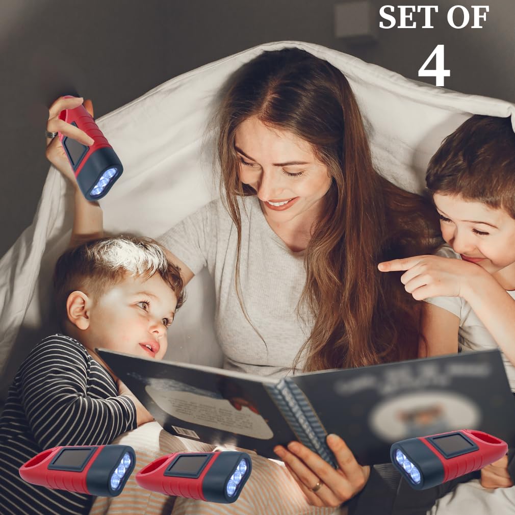 Evelots Hand Crank Solar Powered Flashlights ( 4 Pack ) Rechargeable Emergency Survival Flashlight For Camping , Car - Easy 3 Le