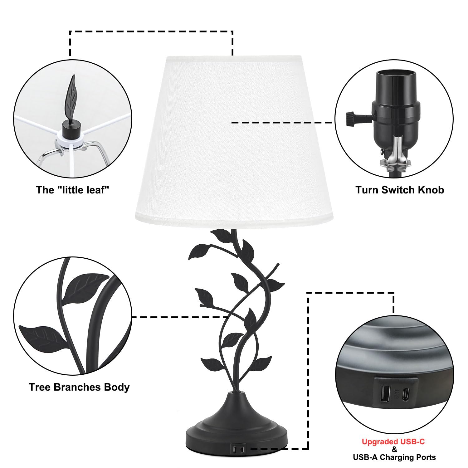 Kakanuo USB Table Lamp with USB C Charging Ports, White Linen Shade, Black Base, Retro Design for Bedroom and Living Room