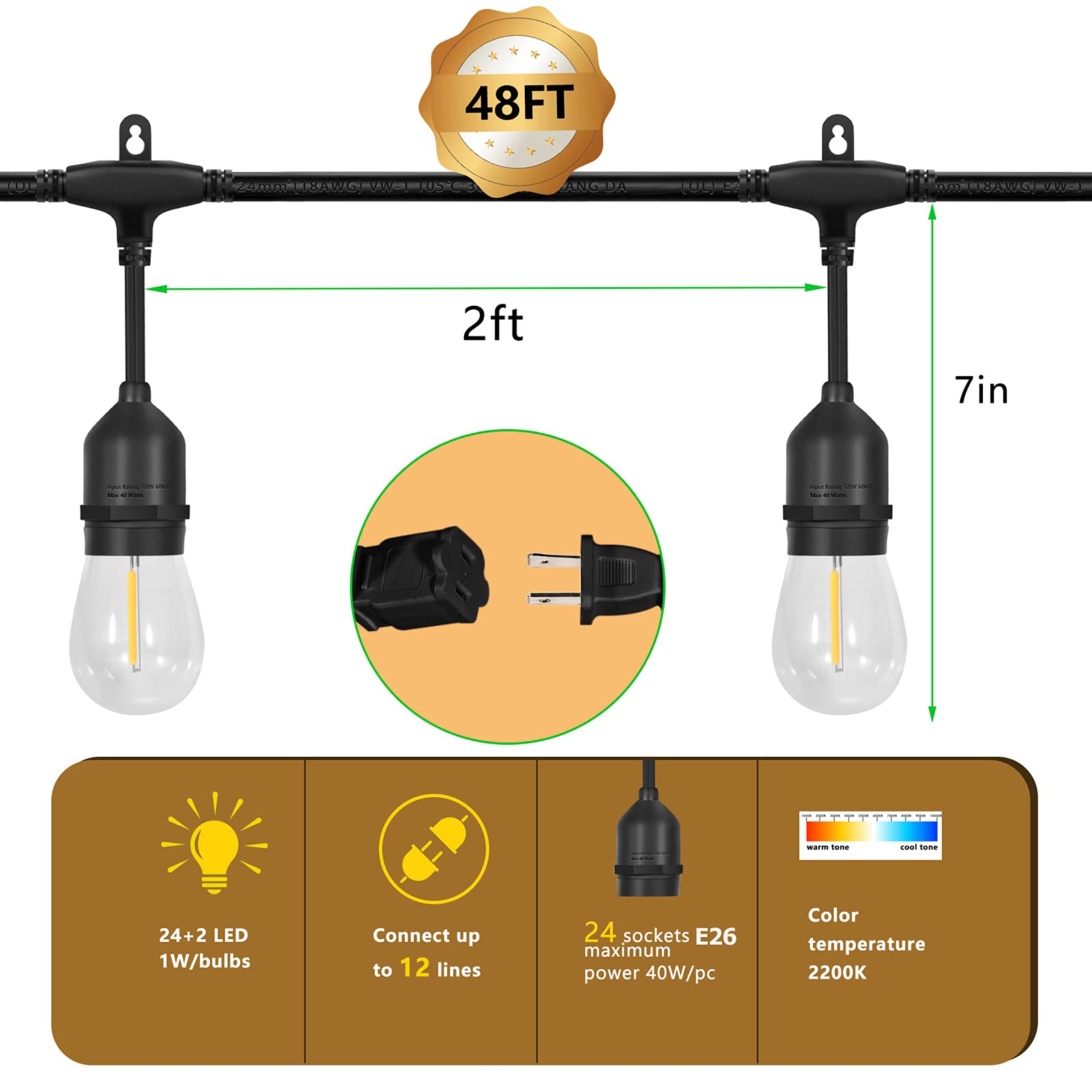 EIKOSON 48FT LED Outdoor String Lights, Weatherproof Shatterproof Edison Bulbs, Black, Commercial Grade for Backyard, Porch, Party