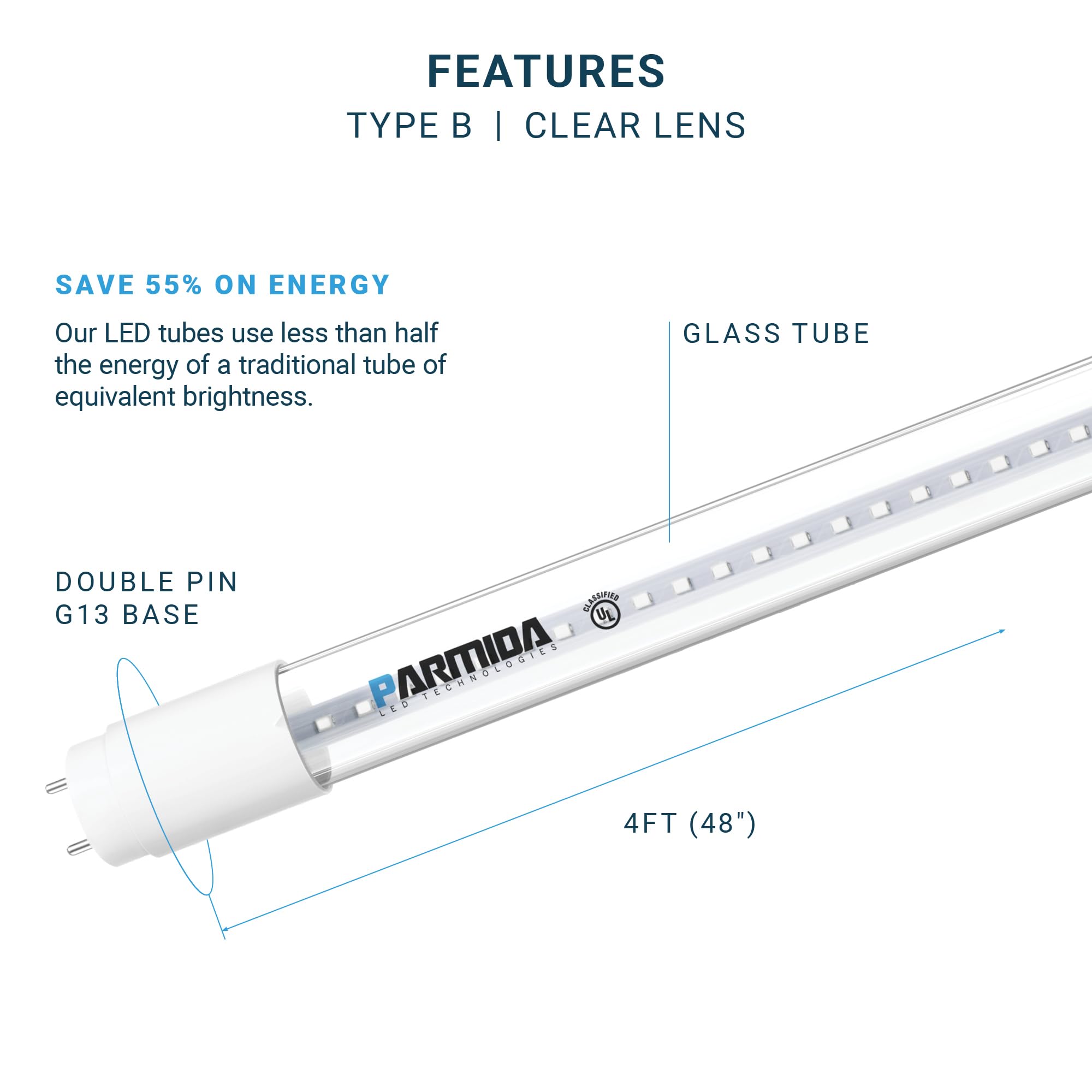 Parmida LED T8 4FT Ballast Bypass Light Tube, 20-Pack, 18W, 2200lm, Cool White 4000K, UL-Listed, Clear Lens