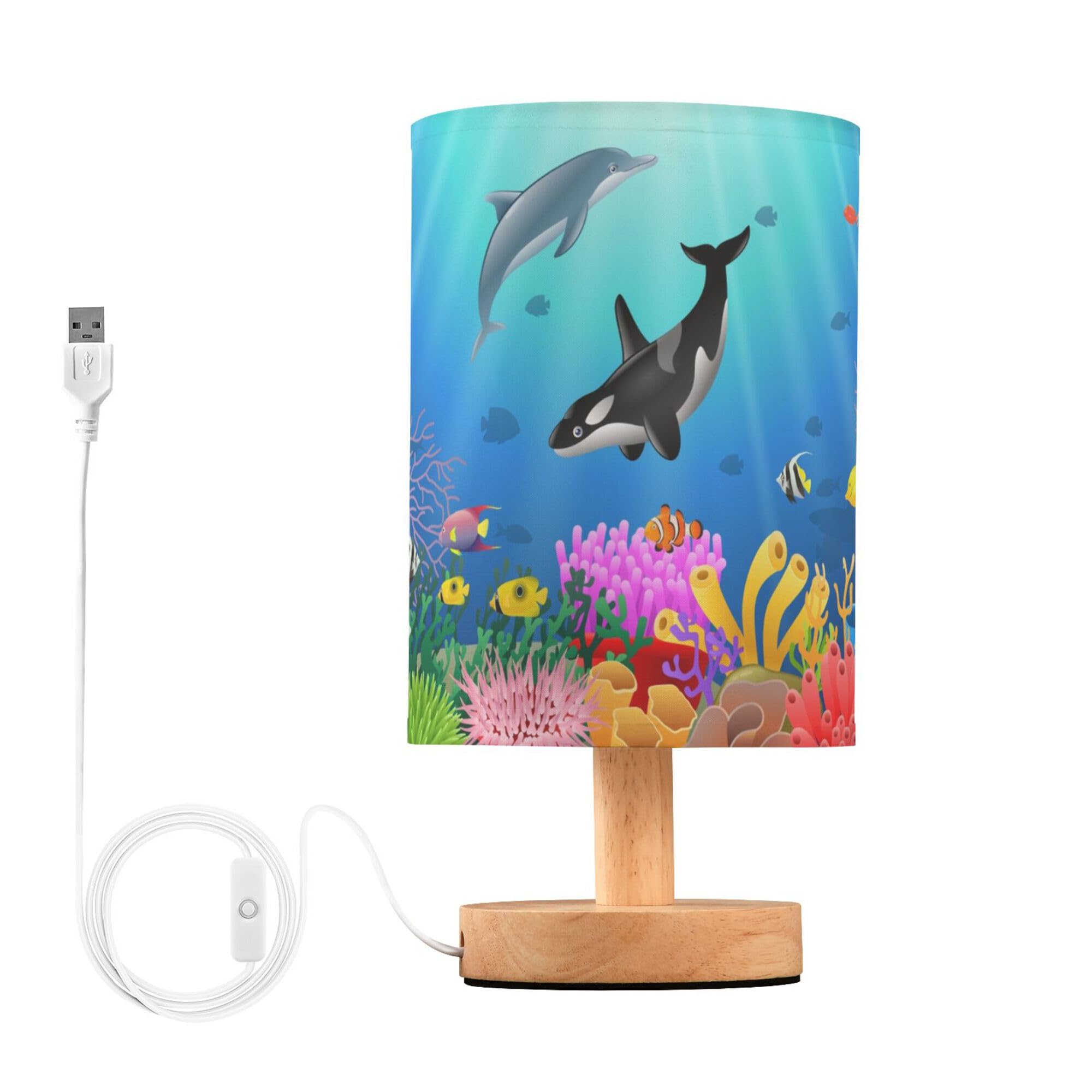 YYZZH Table Lamp Cartoon Dolphin Killer Whale Sea Fish Coral Underwater in Ocean Nightstand Lamp with Wood Base Fabric Lamp Shad