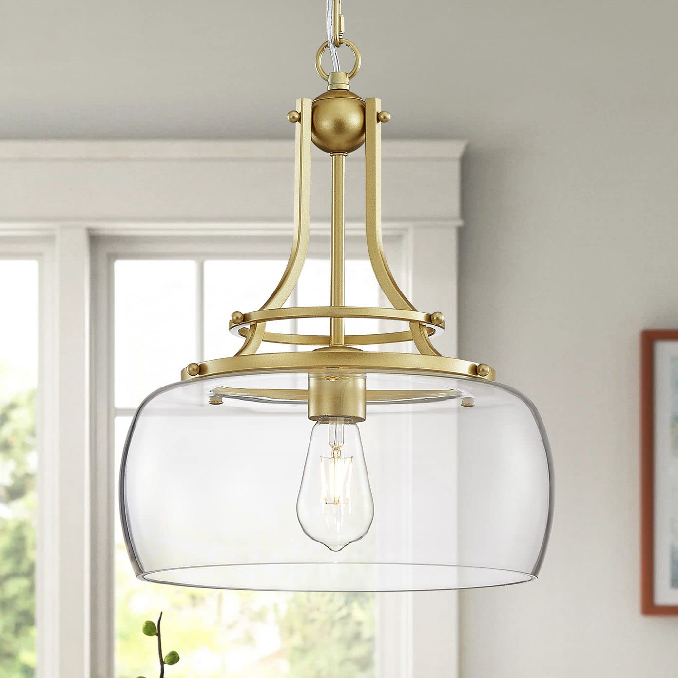 Wuzups Gold Rustic Farmhouse Chandelier, Round Pendant Light With Clear Glass Shades, 17&quot; H X 13.4&quot;