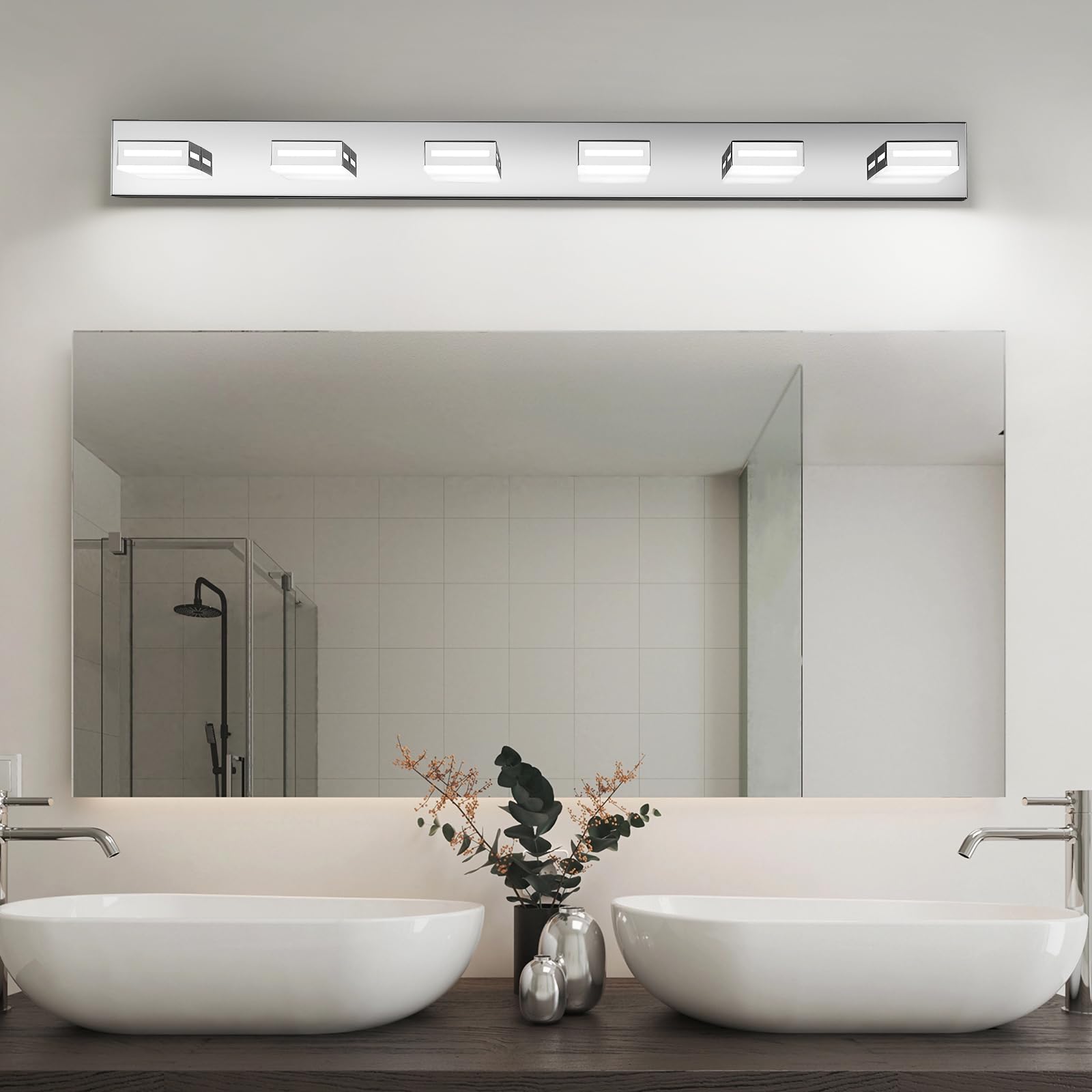 Donrao 48-Inch 6-Light Led Modern Chrome Bathroom Vanity Light Fixtures Over Mirror  Bathroom Lighting Fixtures With Cool White 6000K  Rotatable Vanity Wall Lights For Bath Restroom Powder Room